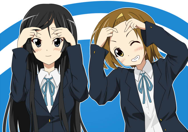 tatami (artist), tatami (loop), akiyama mio, tainaka ritsu, k-on!, 00s, 2girls, black hair, blazer, brown hair, grin, multiple girls, ribbon, school uniform, smile, tomboy