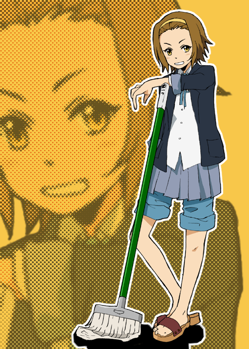 kitamura mona, tainaka ritsu, k-on!, 00s, 1girl, baggy pants, brown hair, female focus, mop, pants, sandals, school uniform, short hair, shorts, solo, tomboy, zoom layer
