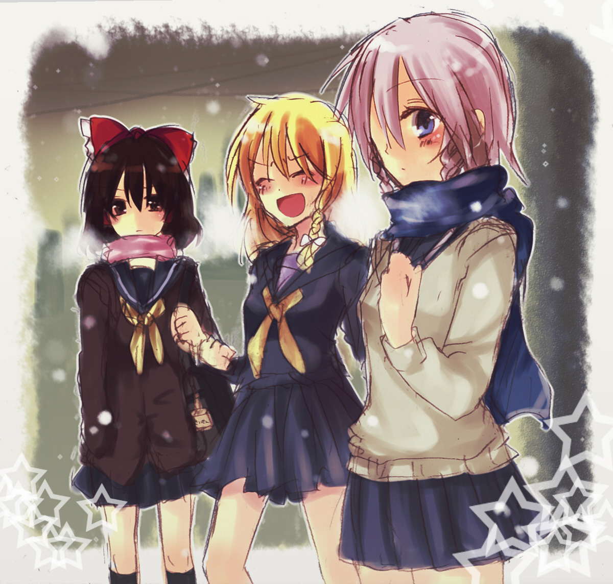 kanaritu, hakurei reimu, izayoi sakuya, kirisame marisa, touhou, silver hair, bad id, bad pixiv id, 3girls, alternate costume, blonde hair, blue eyes, blush, bow, braid, brown eyes, brown hair, closed eyes, contemporary, female focus, hair bow, long sleeves, multiple girls, open mouth, outdoors, scarf, school uniform, serafuku, short hair, skirt, snow, star (symbol), sweater, twin braids
