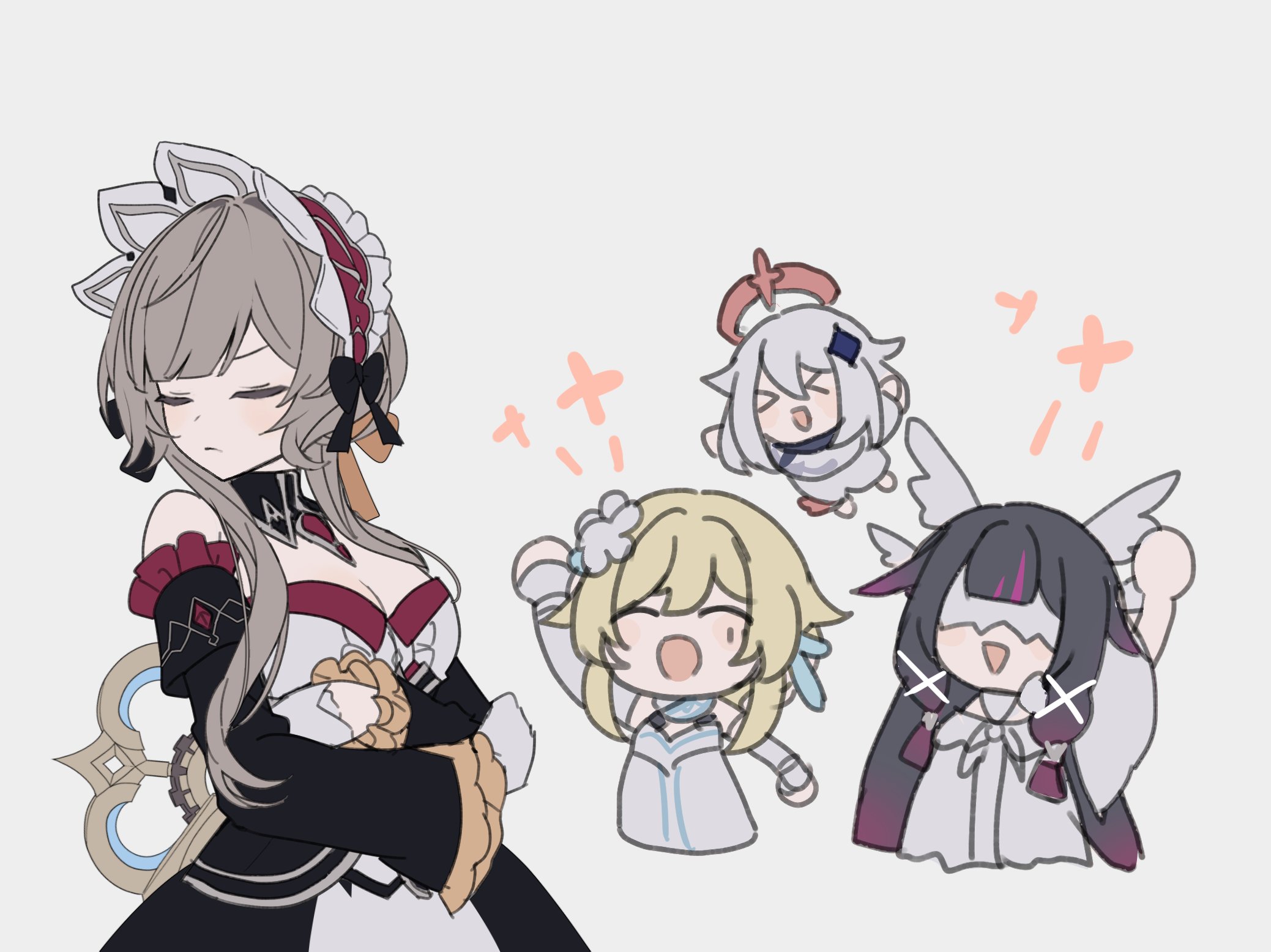 merry-san, columbina (genshin impact), lumine (genshin impact), paimon (genshin impact), sandrone (genshin impact), genshin impact, highres, 4girls, bare shoulders, black collar, black hair, black sleeves, blonde hair, breasts, brown hair, chibi, cleavage, closed eyes, collar, detached collar, detached sleeves, dress, grey background, grey dress, headdress, long hair, long sleeves, medium breasts, multiple girls, short hair with long locks, simple background