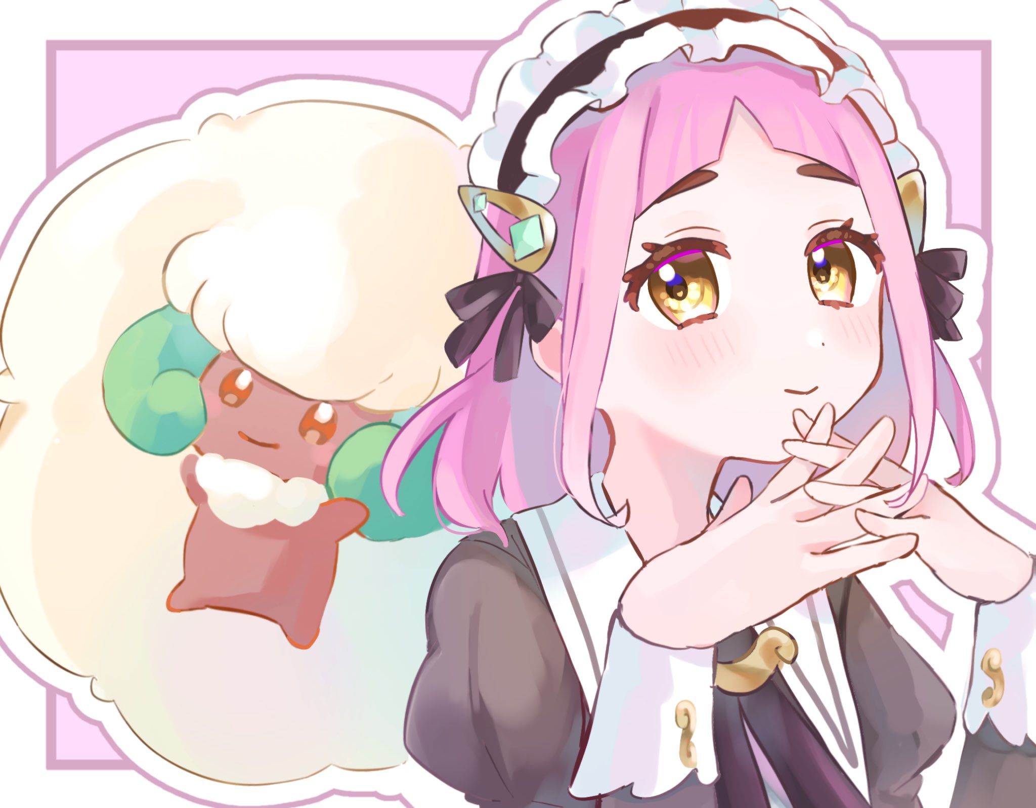 nendo 0603, lacey (fall 2025) (pokemon), lacey (pokemon), whimsicott, nintendo, pokemon, pokemon masters ex, highres, 1girl, black dress, brown eyes, closed mouth, dress, gen 5 pokemon, hair ornament, hairclip, interlocked fingers, juliet sleeves, long sleeves, looking at viewer, maid, maid headdress, official alternate costume, pink hair, pokemon (creature), puffy sleeves, short hair, smile
