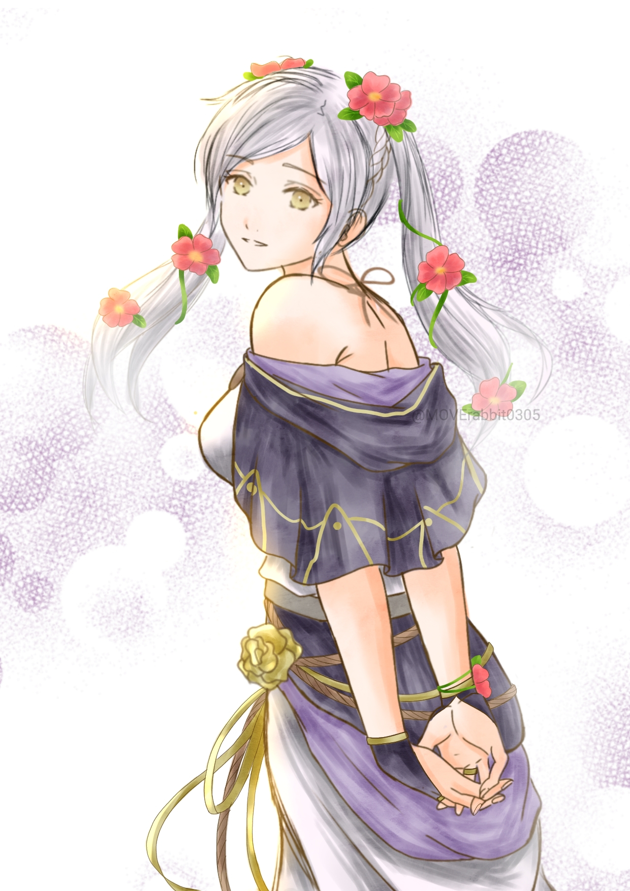 moverabbit0305, female robin (fire emblem), female robin (valentine) (fire emblem), fire emblem, fire emblem awakening, fire emblem heroes, intelligent systems, highres, 1girl, armpit crease, arms behind back, backless dress, backless outfit, bare shoulders, bracelet, breasts, capelet, dress, eyelashes, female focus, fingerless gloves, fingernails, floating hair, flower, flower bracelet, from behind, gloves, hair flower, hair ornament, halterneck, happy, long dress, long hair, looking at viewer, looking back, medium breasts, neck, off shoulder, official alternate costume, own hands together, parted lips, shoulder blades, sideboob, sidelocks, sleeveless, sleeveless dress, smile, spaghetti strap, standing, swept bangs, turning head, twintails, white hair, yellow eyes