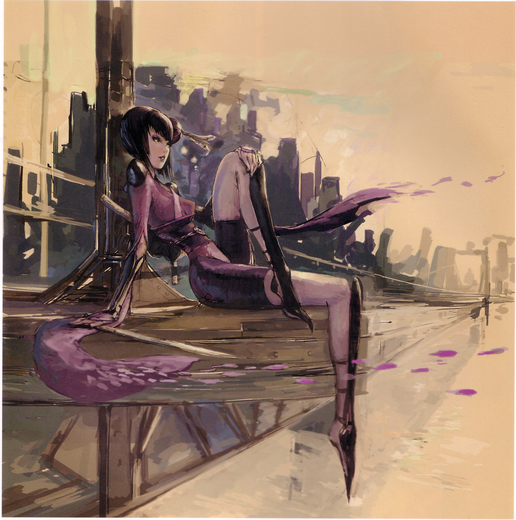 tsuchibayashi makoto, ageha (shinobi), sega, shinobi, shinobi (game), shinobi (ps2), highres, 1girl, ageha(shinobi), armor, barefoot, female focus, greaves, japanese clothes, solo, sword, toeless legwear, weapon