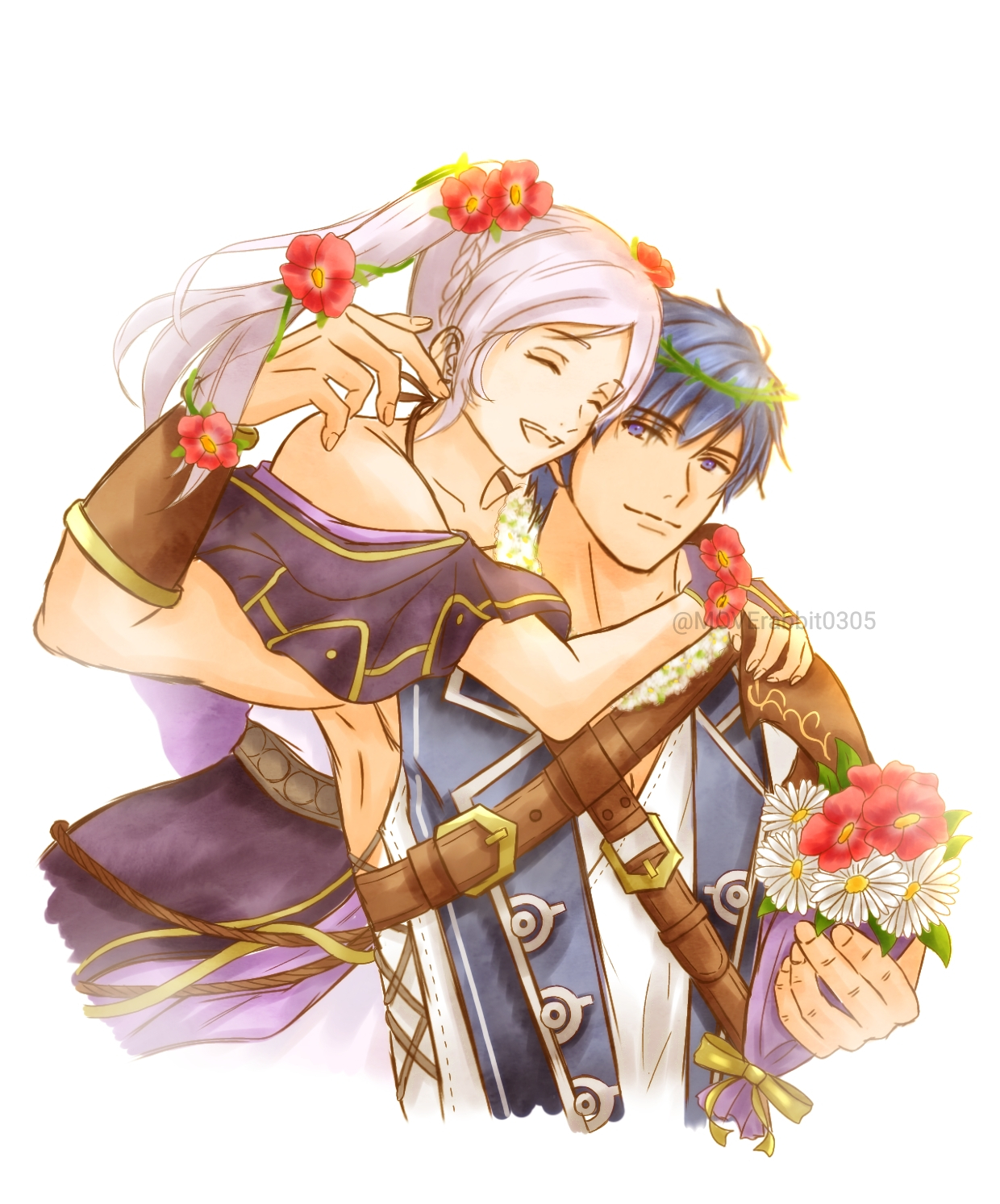 moverabbit0305, female robin (fire emblem), female robin (valentine) (fire emblem), fire emblem, fire emblem awakening, fire emblem heroes, intelligent systems, highres, 1boy, 1girl, arm guards, arm up, armpits, bare shoulders, blue eyes, blue hair, bouquet, breasts, capelet, collarbone, couple, crossed belts, curled fingers, dress, eyelashes, fingerless gloves, fingernails, flower, gloves, hair flower, hair ornament, happy, holding, holding bouquet, hug, hug from behind, long dress, long hair, matching hair/eyes, medium breasts, muscular arms, off-shoulder, official alternate costume, rope belt, shirt, short hair, sidelocks, sleeveless, sleeveless dress, sleeveless shirt, spaghetti strap, swept bangs, toned, toned male, twintails, white background, white hair, yellow eyes