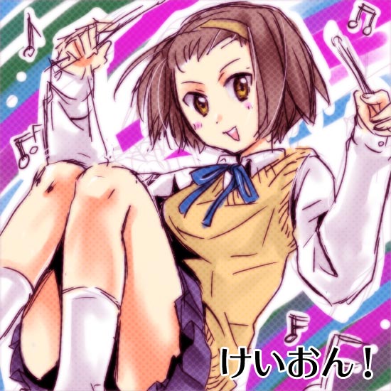 hirusawa hiro, tainaka ritsu, k-on!, 00s, 1girl, brown eyes, brown hair, female focus, hair ornament, hairband, laughing, miniskirt, musical note, open mouth, pleated skirt, ribbon, school uniform, short hair, skirt, smile, socks, solo, sweater, sweater vest, tomboy, vest, white socks