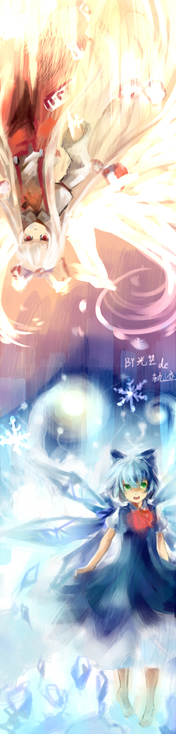 hikariz, cirno, fujiwara no mokou, touhou, bad id, bad pixiv id, long image, tall image, 2girls, barefoot, blue dress, blue eyes, blue hair, blush, dress, full body, looking at viewer, multiple girls, puffy short sleeves, puffy sleeves, short hair, short sleeves, standing