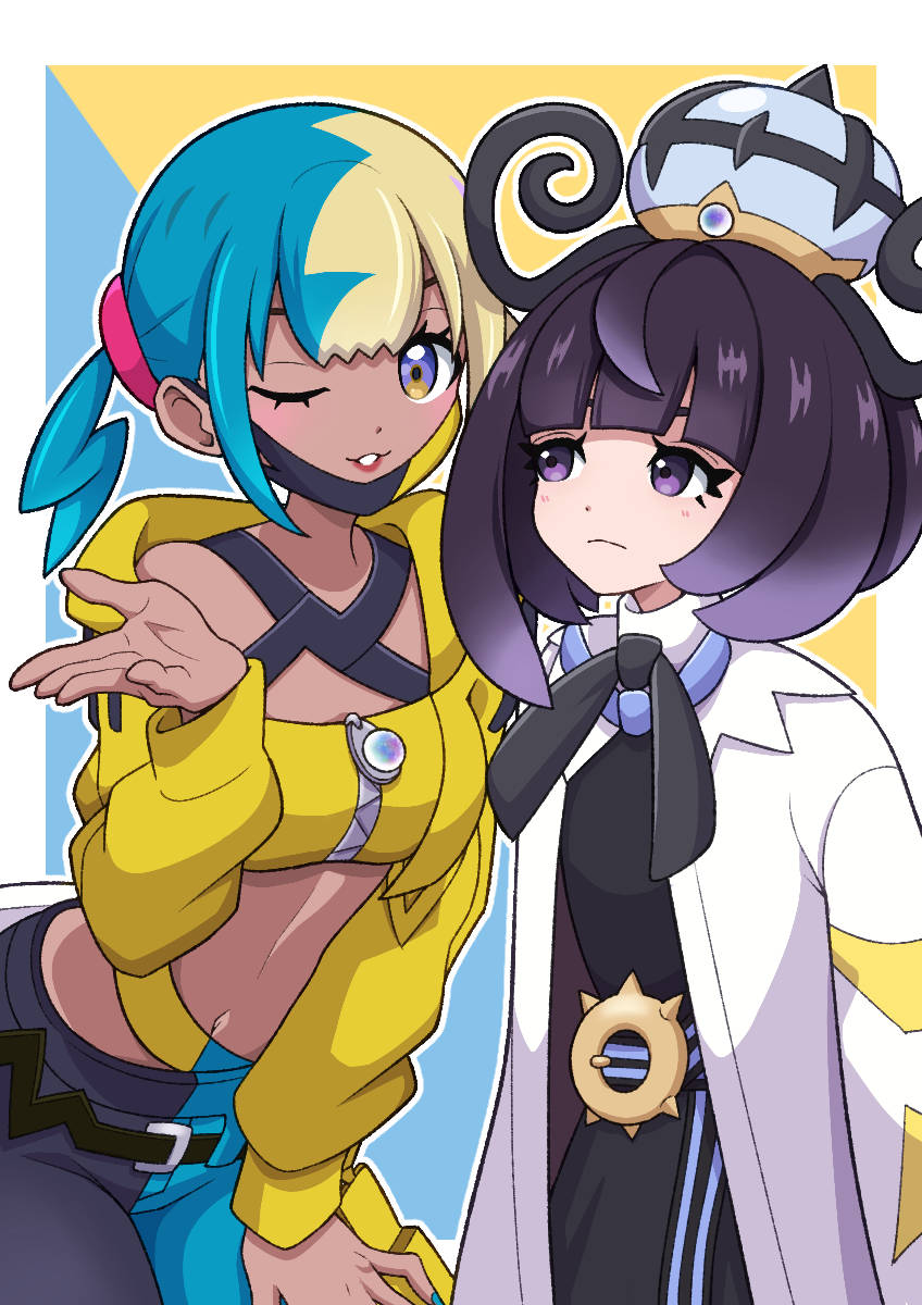 yuu (jgvj7873), canari (pokemon), gwynn (pokemon), nintendo, pokemon, pokemon legends: z-a, highres, 2girls, aqua hair, belt, belt buckle, black dress, black hair, black pants, blonde hair, blue background, blue pants, bob cut, border, buckle, closed mouth, coat, crop top, cropped jacket, dark-skinned female, dark skin, dress, eyelashes, gradient hair, hat, jacket, long sleeves, looking at another, looking at viewer, mask pull, multicolored hair, multiple girls, navel, o-ring, o-ring belt, one eye closed, open clothes, open coat, open jacket, outline, outside border, pants, parted lips, purple hair, short hair, split-color hair, two-tone background, two-tone hair, two-tone pants, white border, white coat, white outline, yellow background, yellow jacket