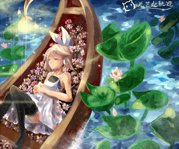 hikariz, kagamine rin, vocaloid, bad id, bad pixiv id, 1girl, boat, closed eyes, dress, female focus, flower, headphones, lying, solo, thighhighs, water, watercraft