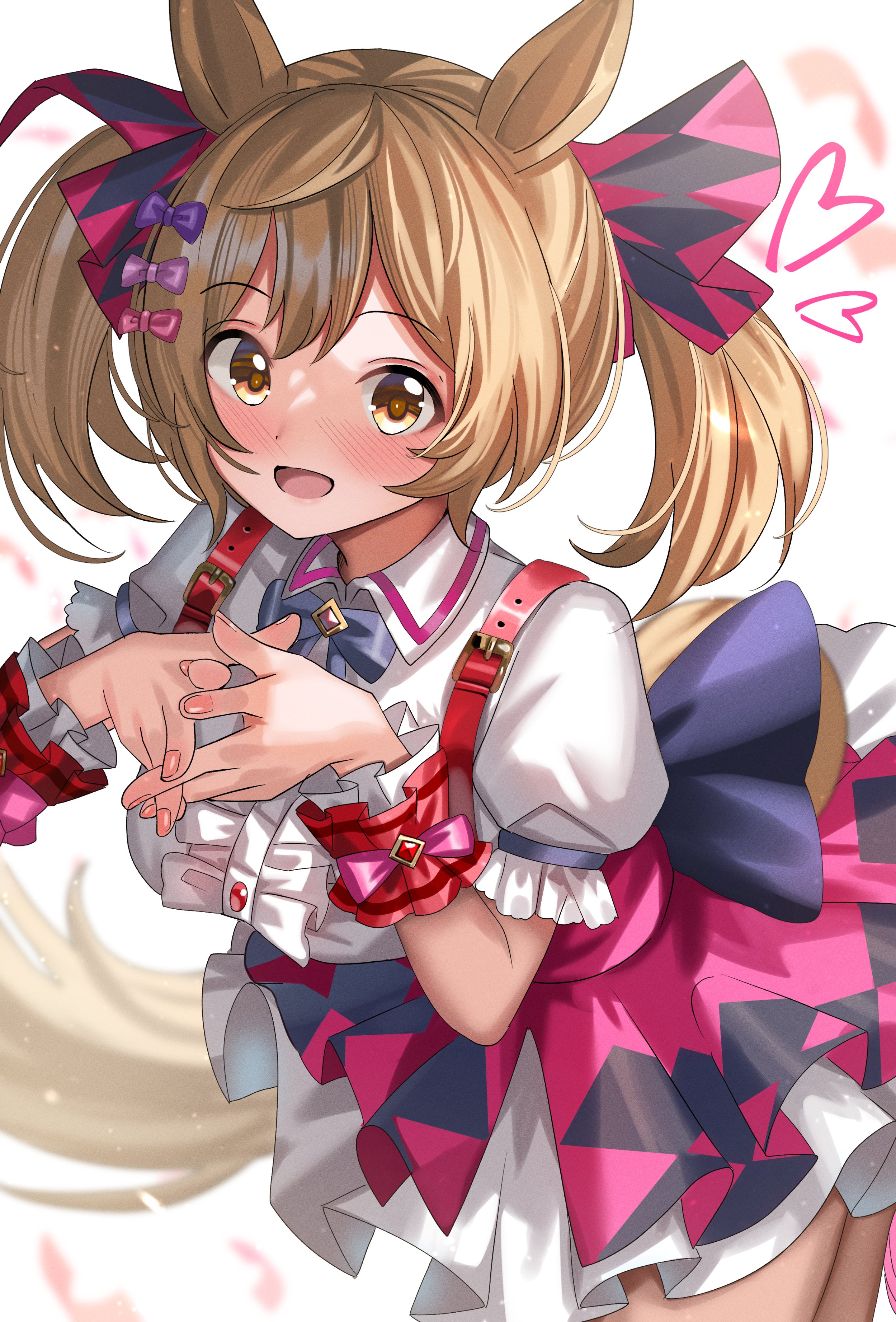 ame sagari, smart falcon (love 4ever) (umamusume), smart falcon (umamusume), umamusume, absurdres, commentary, highres, 1girl, animal ears, blonde hair, blue bow, blush, bow, breasts, brown eyes, crossed fingers, hair bow, hair ribbon, high-waist skirt, horse ears, horse girl, horse tail, looking at viewer, open mouth, pink bow, pink ribbon, pink skirt, purple bow, ribbon, shirt, short sleeves, sidelocks, skirt, solo, tail, twintails, white shirt, wrist cuffs