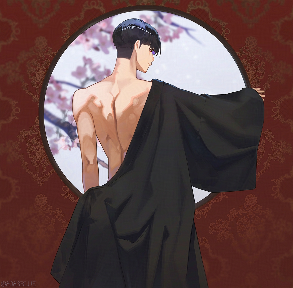 8083 blue, hoshina soshiro, kaijuu no. 8, commentary, 1boy, back, black hair, black kimono, bowl cut, cherry blossoms, closed mouth, cowboy shot, dressing, from behind, japanese clothes, kimono, looking ahead, male focus, red eyes, short hair, solo