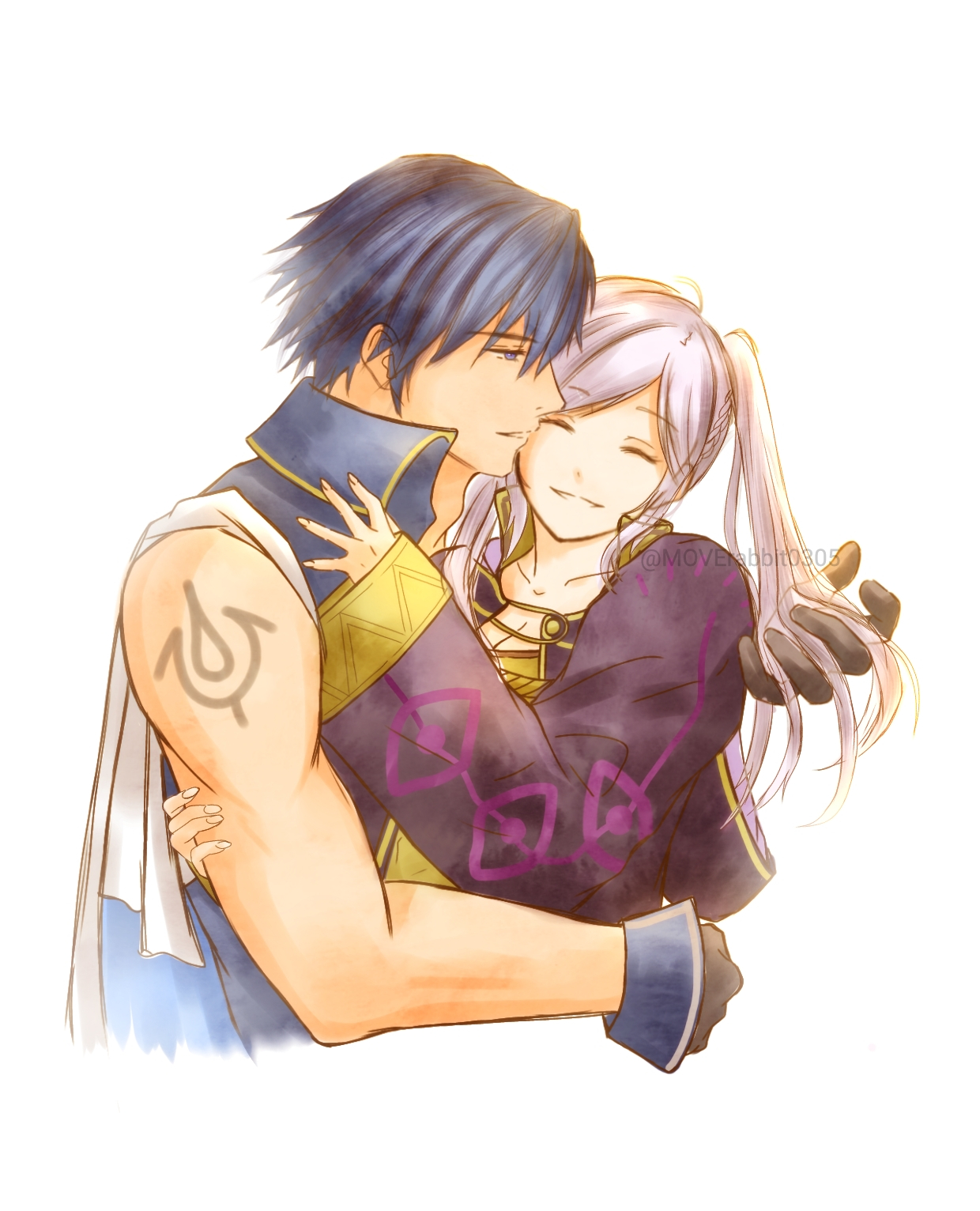 moverabbit0305, chrom (fire emblem), female robin (fire emblem), fire emblem, fire emblem awakening, intelligent systems, highres, 1boy, 1girl, arm tattoo, bare shoulders, black gloves, blue eyes, blue hair, brand of the exalt, breasts, cape, cleavage, coat, collarbone, couple, curled fingers, eyelashes, fingernails, fold-over gloves, gloves, hair between eyes, happy, hood, hood down, hug, kissing cheek, long coat, long hair, long sleeves, matching hair/eyes, medium breasts, neck, no gloves, open mouth, parted lips, purple coat, shirt, short hair, sidelocks, sleeveless, sleeveless shirt, sleeves past wrists, smile, standing, swept bangs, tattoo, toned, toned male, twintails, upper body, white cape, white hair, wide sleeves, yellow eyes