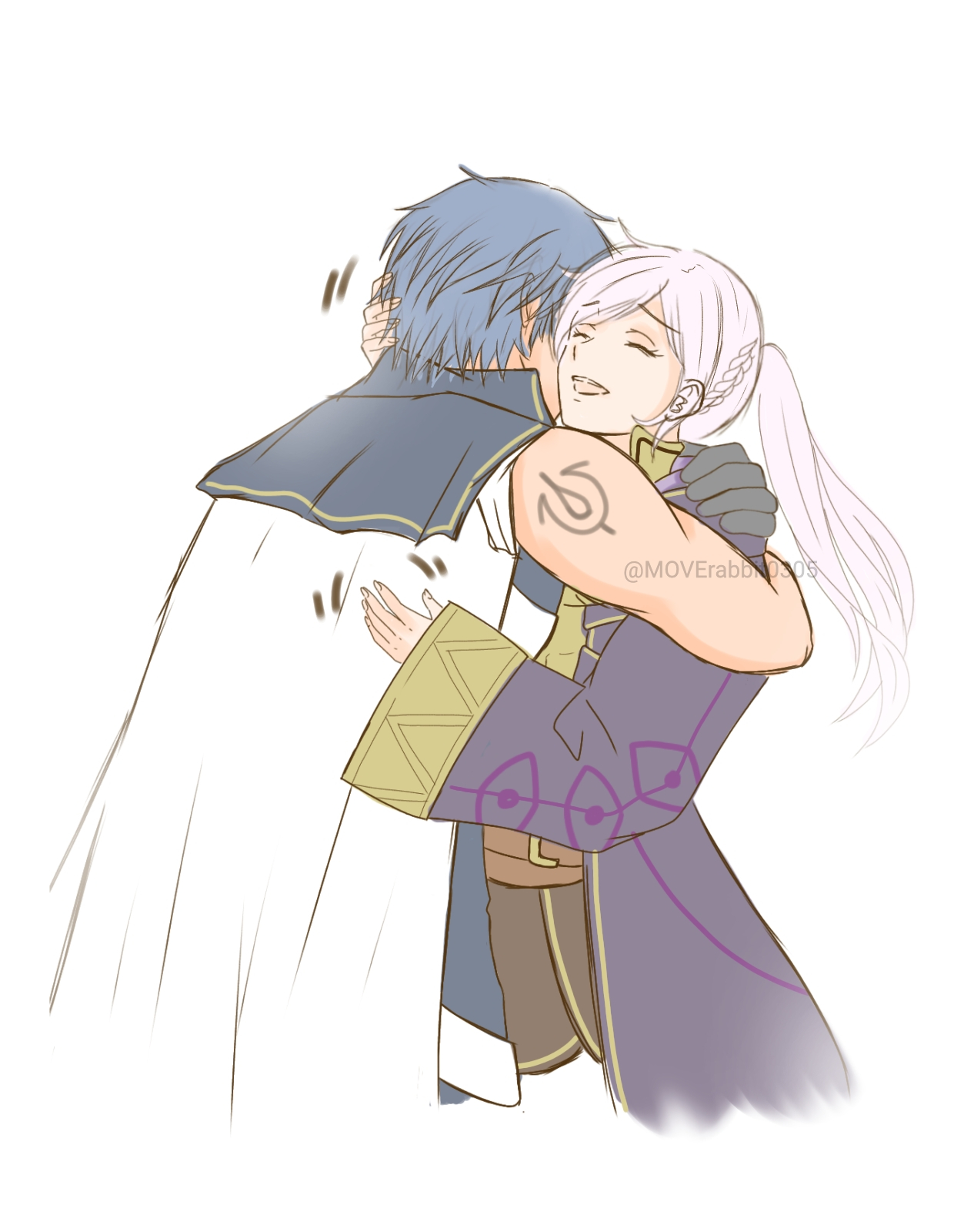 moverabbit0305, chrom (fire emblem), female robin (fire emblem), fire emblem, fire emblem awakening, intelligent systems, nintendo, highres, 1boy, 1girl, bare shoulders, belt, black gloves, blue hair, breasts, cape, cheek-to-cheek, closed eyes, couple, eyelashes, fingernails, gloves, happy, heads together, hood, hood down, hug, long coat, long hair, long sleeves, medium breasts, motion lines, muscular arms, no gloves, open mouth, patting back, shirt, short hair, sidelocks, sleeveless, sleeveless shirt, sleeves past wrists, smile, standing, swept bangs, toned, toned male, twintails, white background, white cape, white hair, wide sleeves, yellow eyes
