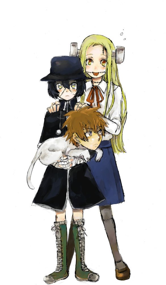 madaraki fran, madaraki veronica, okita (franken fran), okita (frankenfran), franken fran, 1boy, 2girls, blonde hair, blush, blush stickers, bolt (hardware), boots, electrodes, hat, long hair, multiple girls, pantyhose, scar, siblings, simple background, sisters, stitches