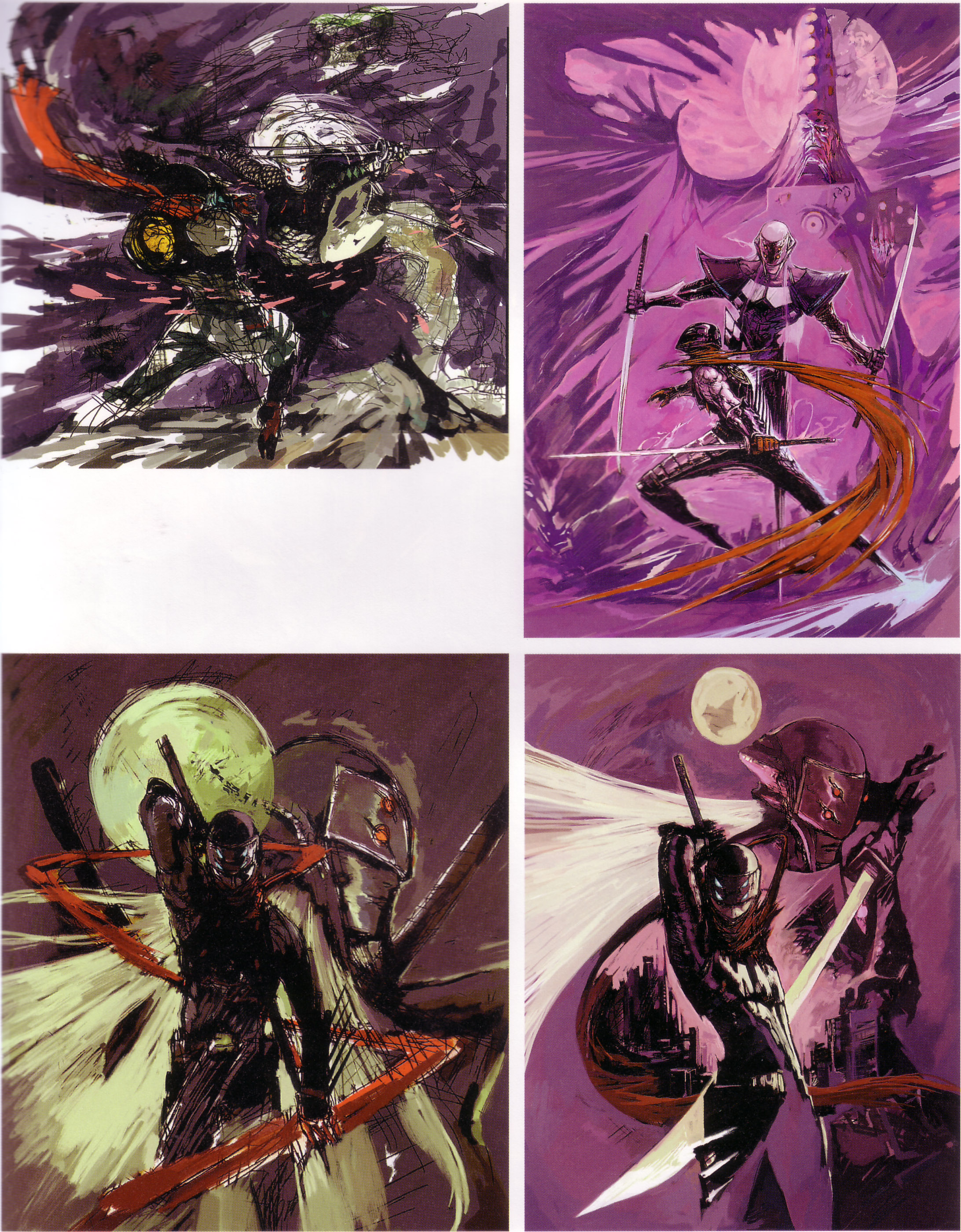 tsuchibayashi makoto, hotsuma, moritsune, sega, shinobi, shinobi (game), shinobi (ps2), absurdres, highres, 3boys, male focus, moon, multiple boys, ninja, scarf, sword, weapon, white hair
