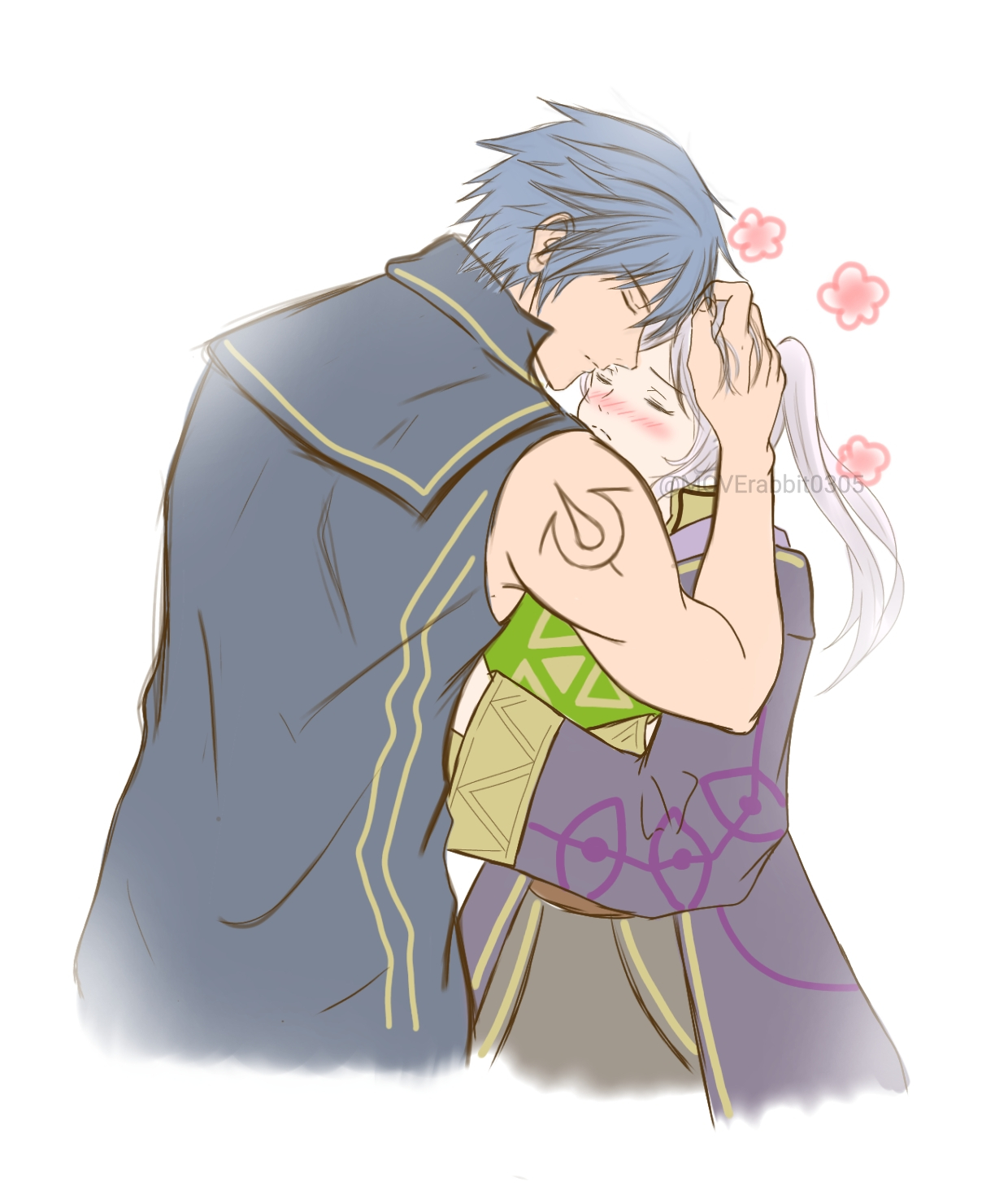 moverabbit0305, chrom (fire emblem), female robin (fire emblem), fire emblem, fire emblem awakening, intelligent systems, highres, 1boy, 1girl, blue hair, blush, book, brand of the exalt, breasts, couple, embarrassed, eyelashes, flower, hand on another's head, holding, holding book, hood, hood down, hugging book, hugging object, kiss, kissing forehead, long coat, long hair, long sleeves, medium breasts, muscular arms, no gloves, shirt, short hair, sidelocks, sleeveless, sleeveless shirt, sleeves past wrists, standing, swept bangs, twintails, white background, white hair, wide sleeves, yellow eyes