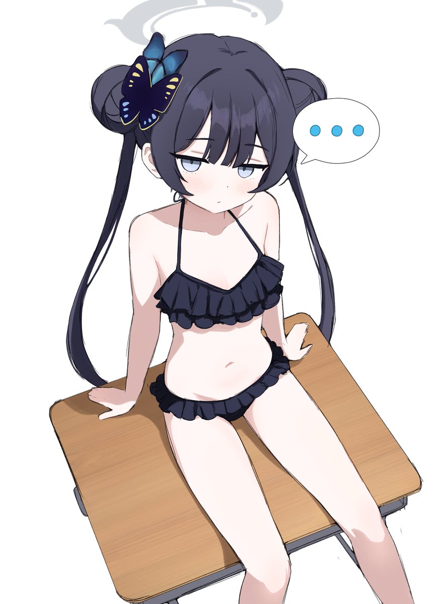 noiriririri, kisaki (blue archive), blue archive, twitter, highres, alternate costume, bikini, black hair, desk, frilled bikini, frills, looking at viewer, navel, sitting, swimsuit