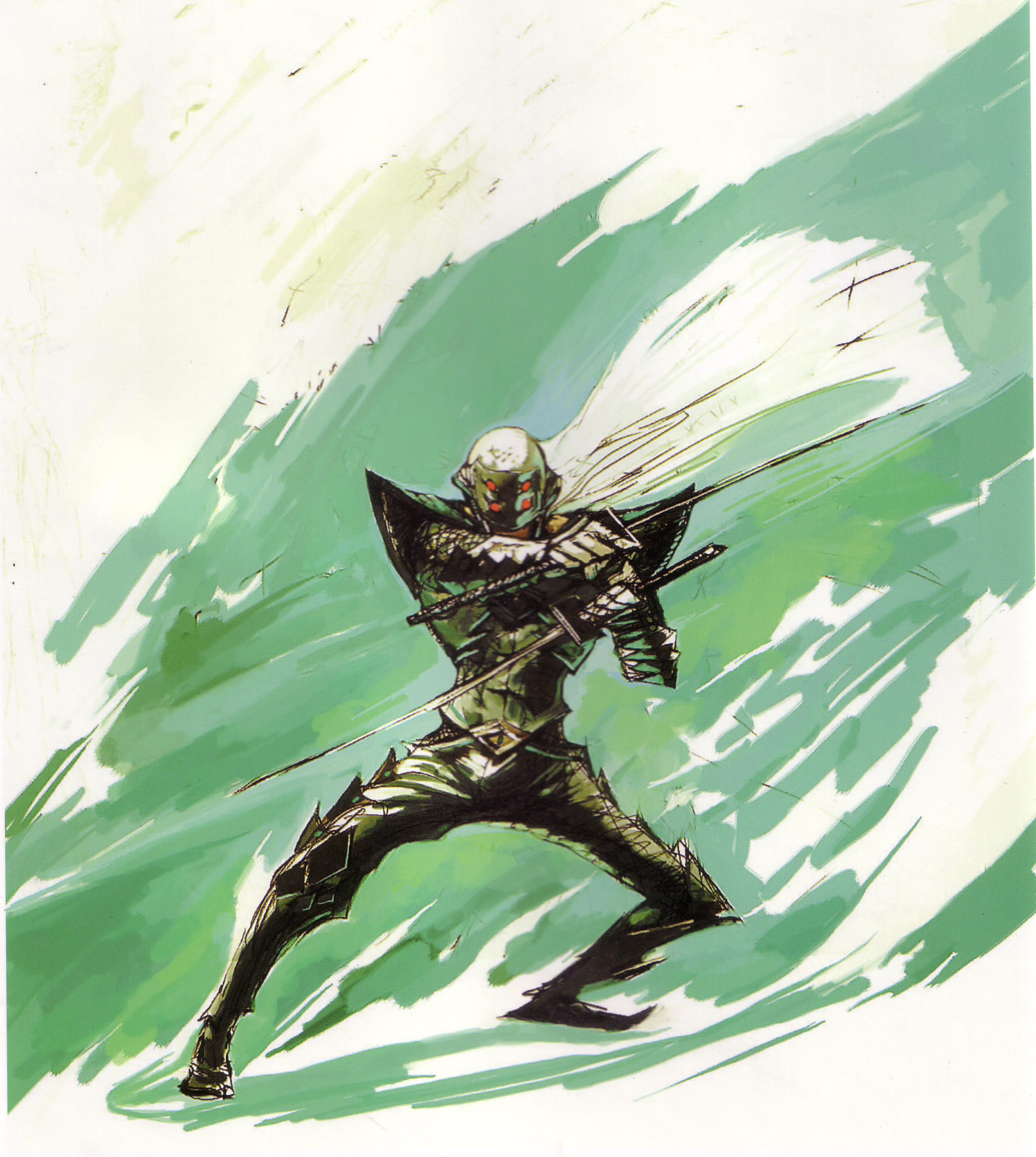 tsuchibayashi makoto, moritsune, sega, shinobi, shinobi (game), shinobi (ps2), absurdres, highres, male focus, ninja, scarf, solo, sword, weapon, white hair