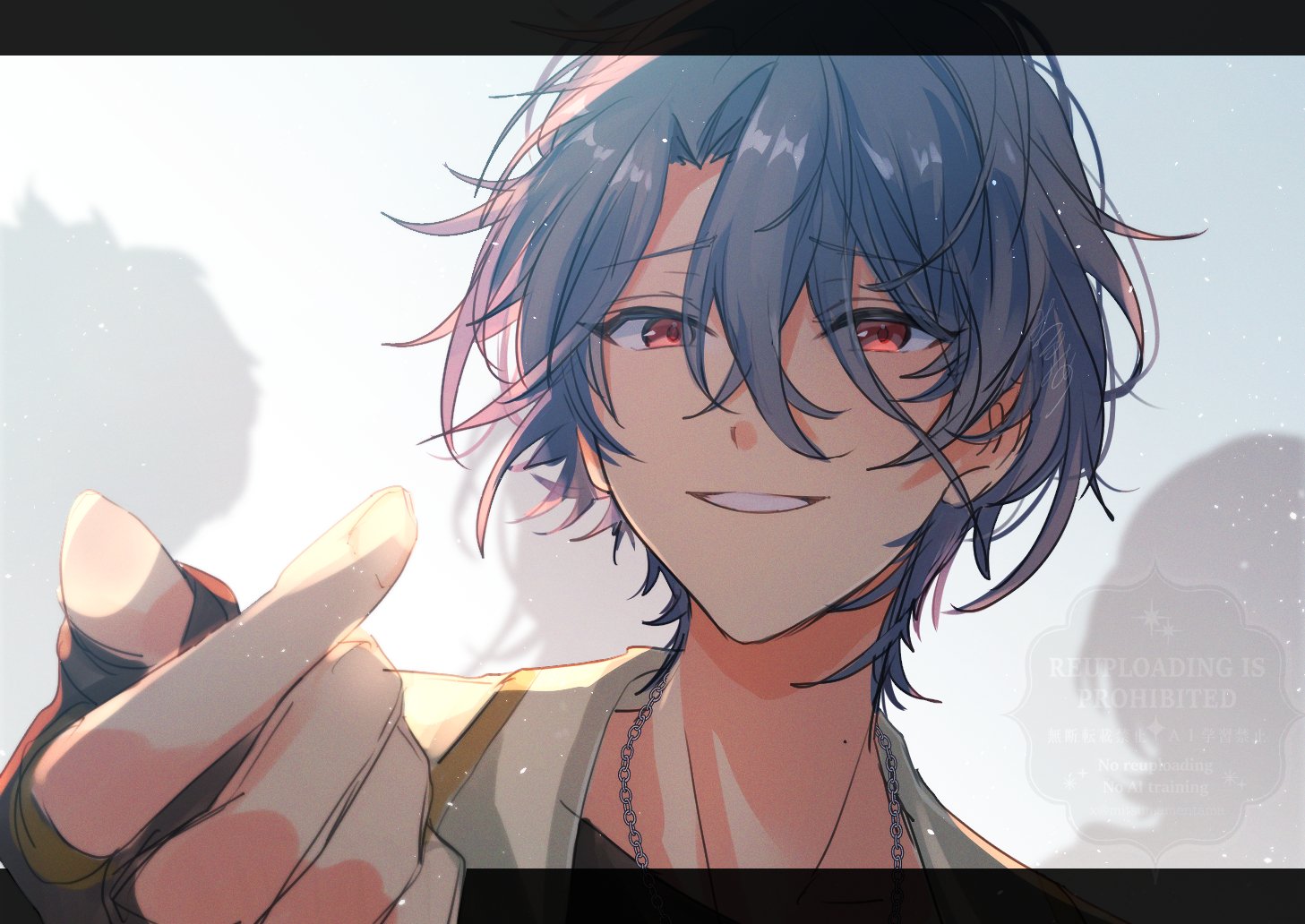 ensemble stars!, commentary request, revision, 1boy, clenched teeth, eyes visible through hair, finger heart, fingerless gloves, gloves, hair between eyes, jewelry, male focus, mitsumame (mitsumamentama), mole, mole on neck, necklace, orange eyes, shadow, short hair, smile, solo focus, teeth, tsuzura chitose, upper body, watermark