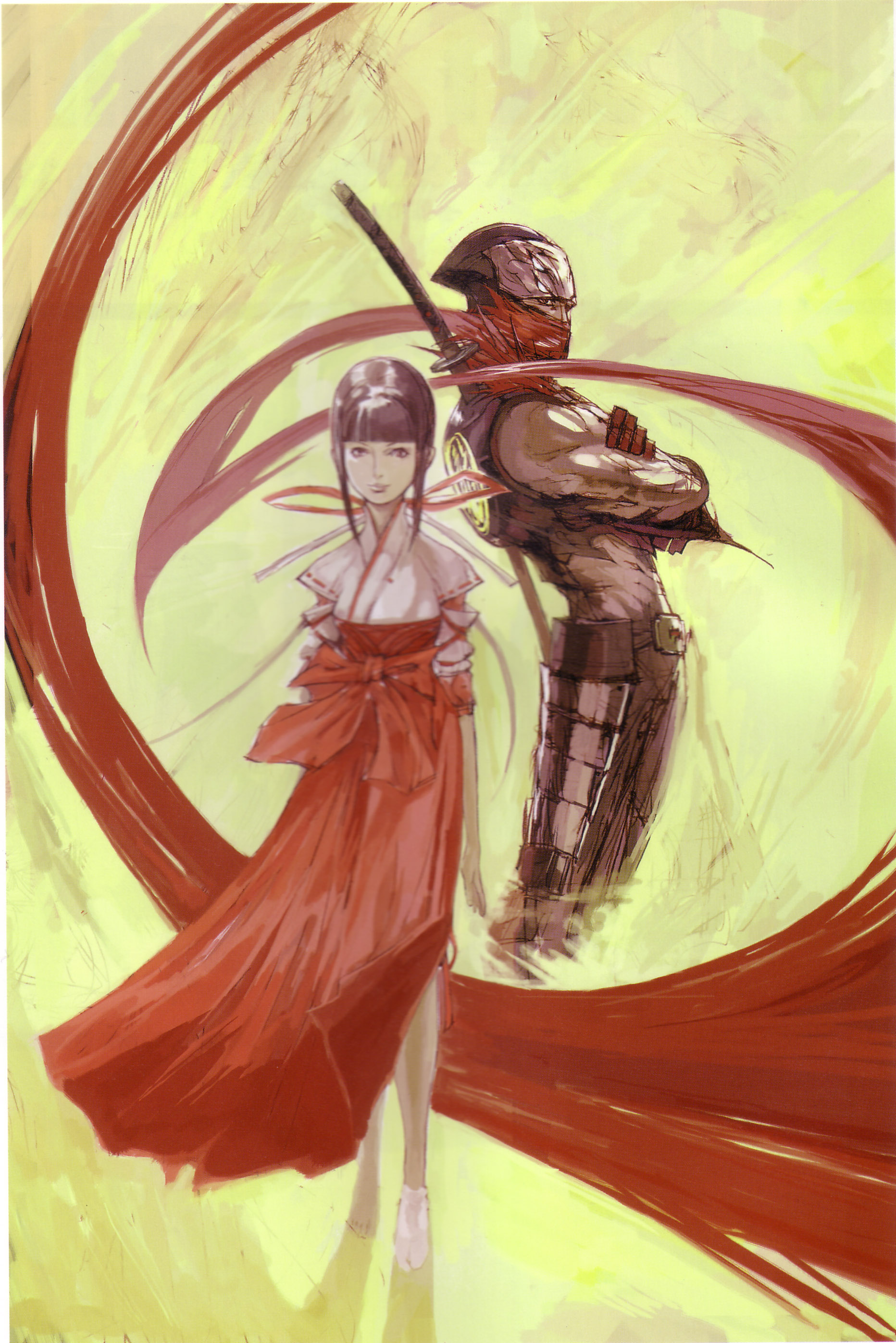 tsuchibayashi makoto, hotsuma, ubutsuna kagari, sega, shinobi (game), shinobi (ps2), shinobi (video game), absurdres, highres, official art, 1boy, 1girl, barefoot, japanese clothes, miko, ninja, scarf, sketch, sword, weapon