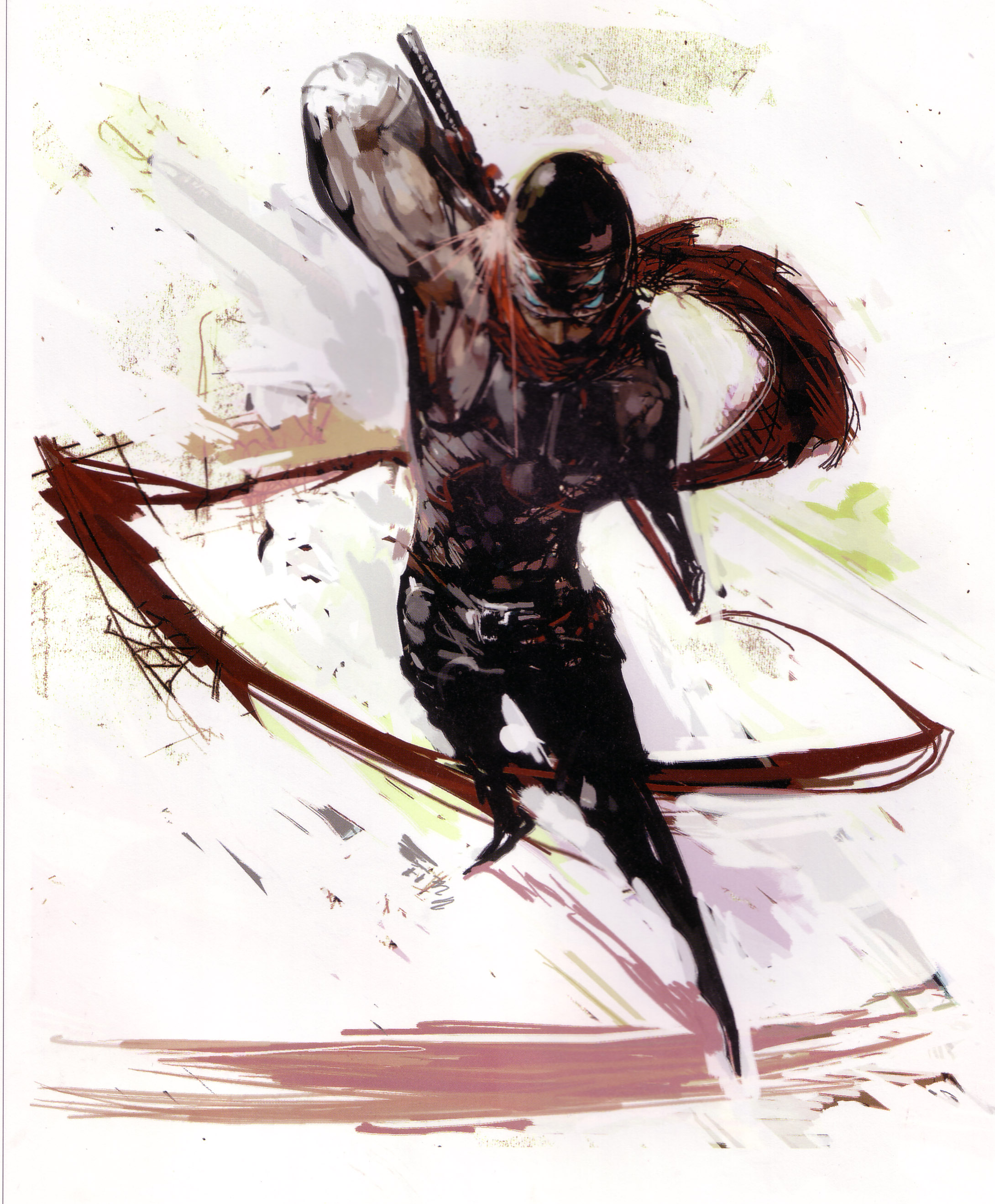 tsuchibayashi makoto, hotsuma, sega, shinobi (game), shinobi (ps2), shinobi (video game), absurdres, highres, 1boy, game console, male focus, ninja, playstation 2, scarf, solo, sword, weapon