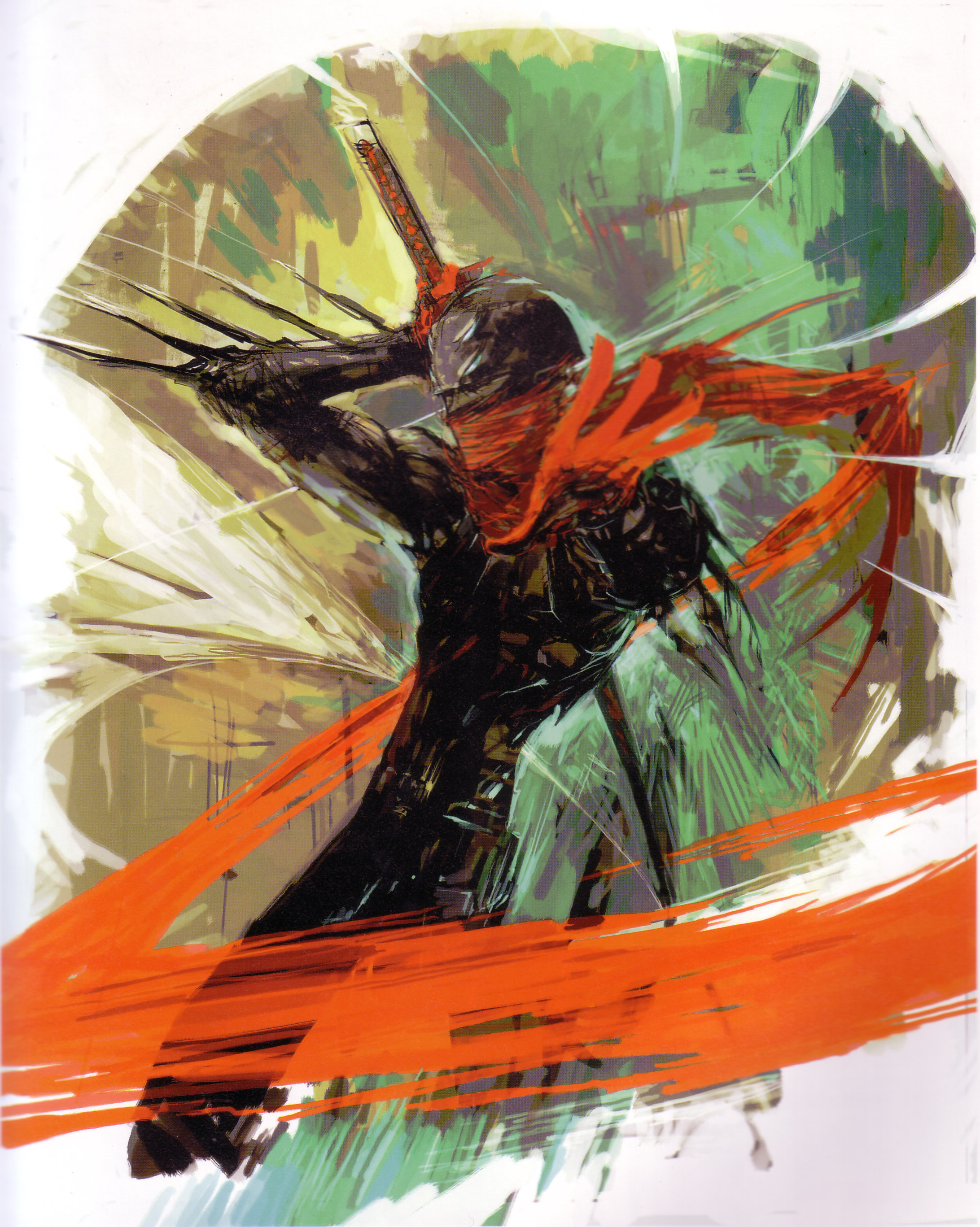 tsuchibayashi makoto, hotsuma, sega, shinobi (game), shinobi (ps2), shinobi (video game), absurdres, highres, 1boy, game console, male focus, ninja, playstation 2, scarf, solo, sword, weapon