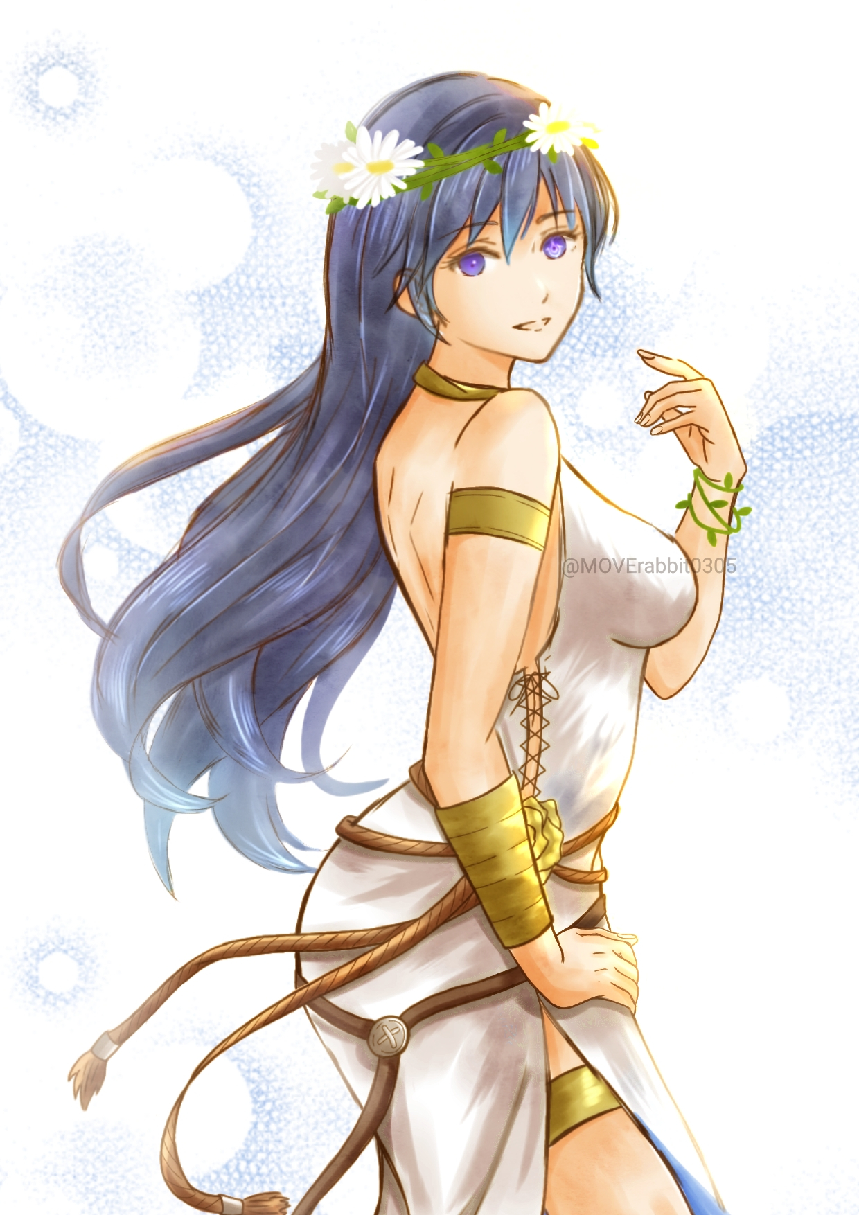 moverabbit0305, lucina (fire emblem), lucina (valentine) (fire emblem), fire emblem, fire emblem awakening, fire emblem heroes, intelligent systems, nintendo, highres, 1girl, alternate breast size (larger), armlet, ass, back, backless dress, backless outfit, bare shoulders, blue eyes, blue hair, bracelet, brand of the exalt, breasts, dress, female focus, fingernails, flower, flower bracelet, from side, hair between eyes, hair flower, hair ornament, hand on own hip, hand up, happy, jewelry, legs, long hair, looking at viewer, matching hair/eyes, medium breasts, neck, no bra, official alternate costume, parted lips, shoulder blades, side slit, sidelocks, sleeveless, sleeveless dress, smile, standing, sundress, thighlet, thighs, turning head, white dress