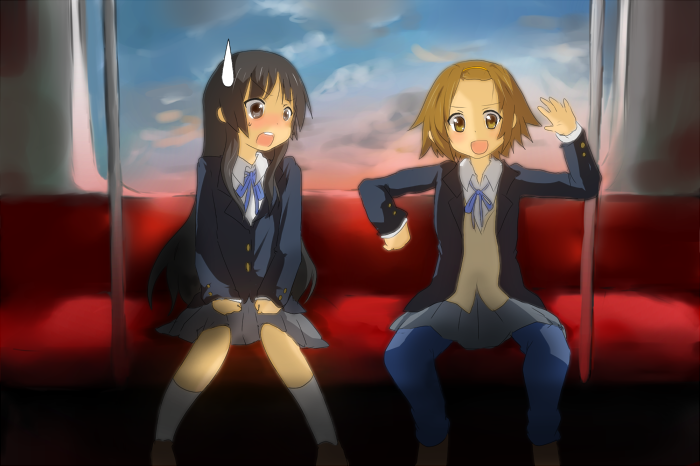 haru (goalstyle), sei., akiyama mio, tainaka ritsu, k-on!, bad id, bad pixiv id, 00s, 2girls, blazer, brown hair, jacket, multiple girls, ribbon, school uniform, short hair, sweatdrop, tomboy, train, train interior