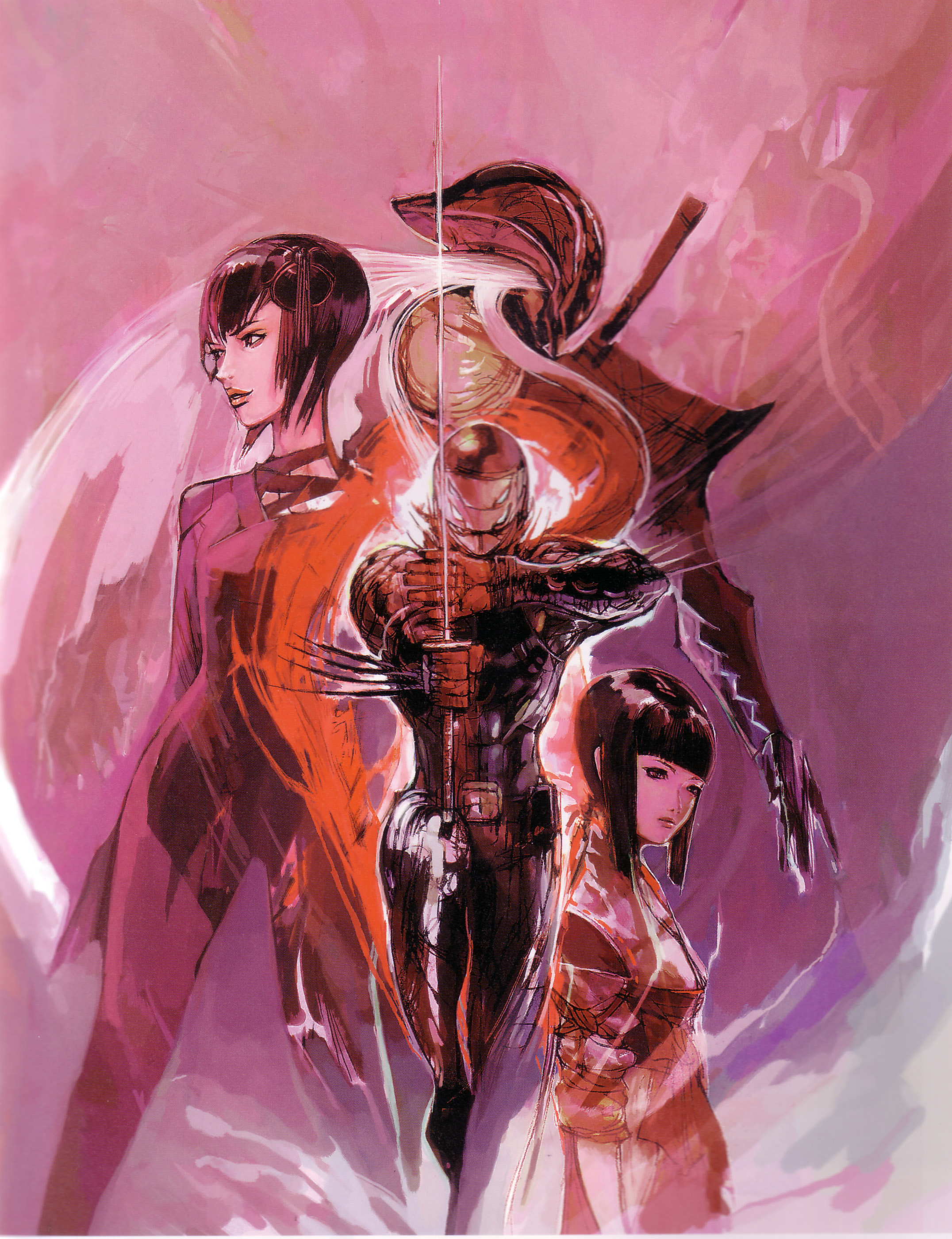 tsuchibayashi makoto, hotsuma, ubutsuna kagari, sega, shinobi (game), shinobi (ps2), shinobi (video game), absurdres, highres, 1boy, 2girls, japanese clothes, miko, multiple girls, ninja, scarf, sword, weapon