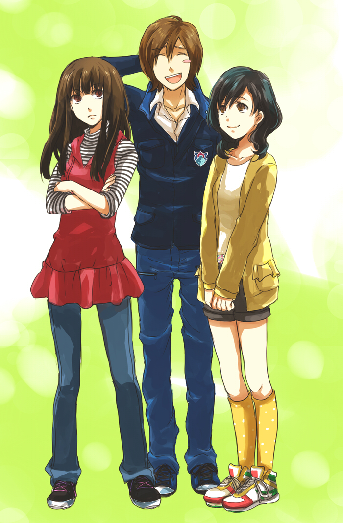 nugaa, hanaori kotoha, ikenami ryuunosuke, shiraishi mako, samurai sentai shinkenger, super sentai, eyebrows, polka dot legwear, character request, 1boy, 2girls, ^ ^, animification, arm behind head, black hair, blush stickers, brown eyes, brown hair, closed eyes, crossed arms, denim, full body, height difference, ikenami ryunosuke, jeans, kneehighs, long hair, multiple girls, open mouth, pants, patterned legwear, polka dot, shirt, shoes, short hair, shorts, smile, sneakers, socks, standing, striped clothes, striped shirt, turtleneck, v arms