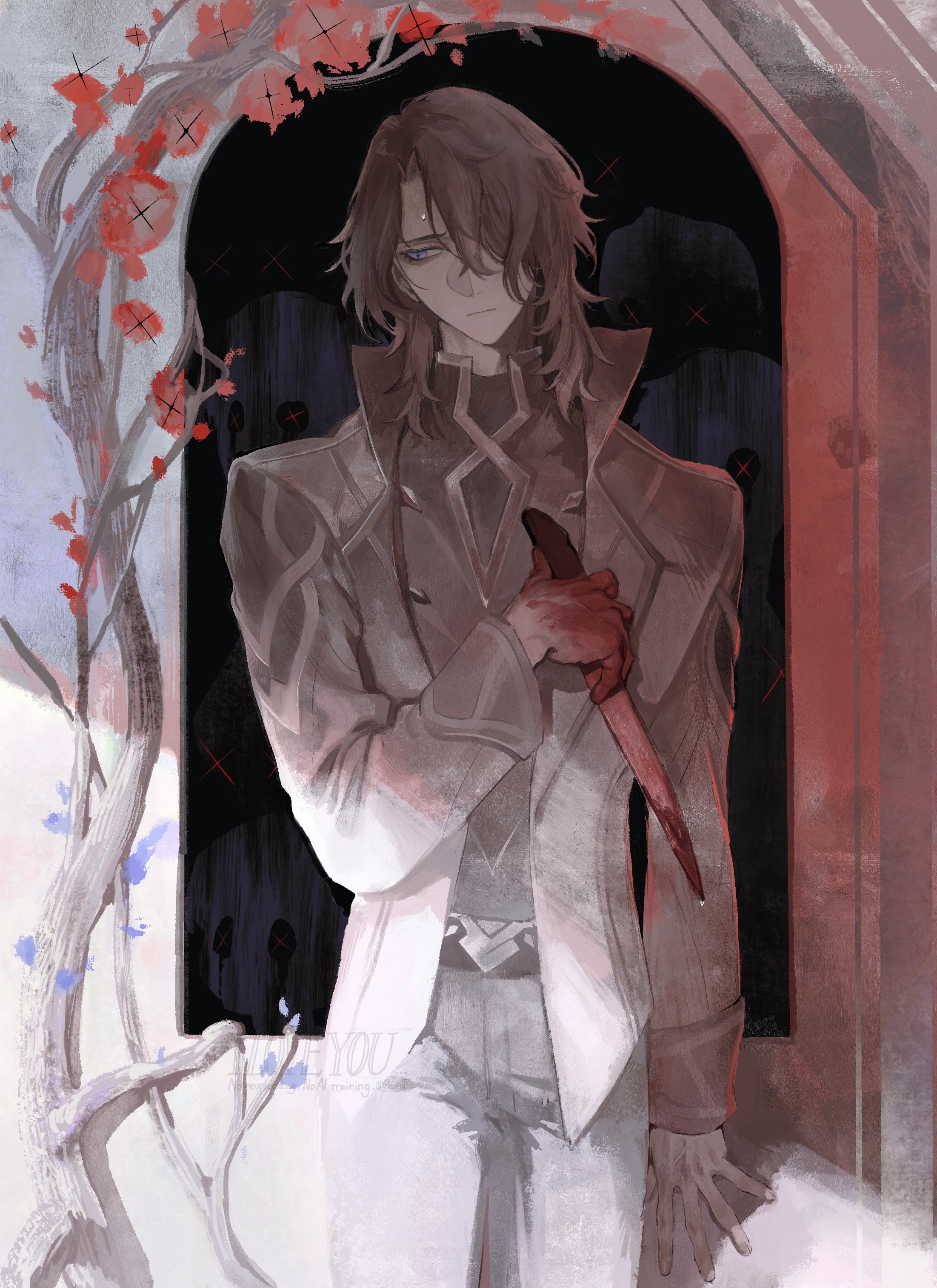 kaimochi0839, rerir (genshin impact), genshin impact, absurdres, highres, 1boy, blood, blood on hands, blue eyes, brown hair, dagger, hand on wall, holding, holding dagger, holding knife, holding weapon, jacket, knife, light frown, long sleeves, male focus, medium hair, portrait, solo, weapon