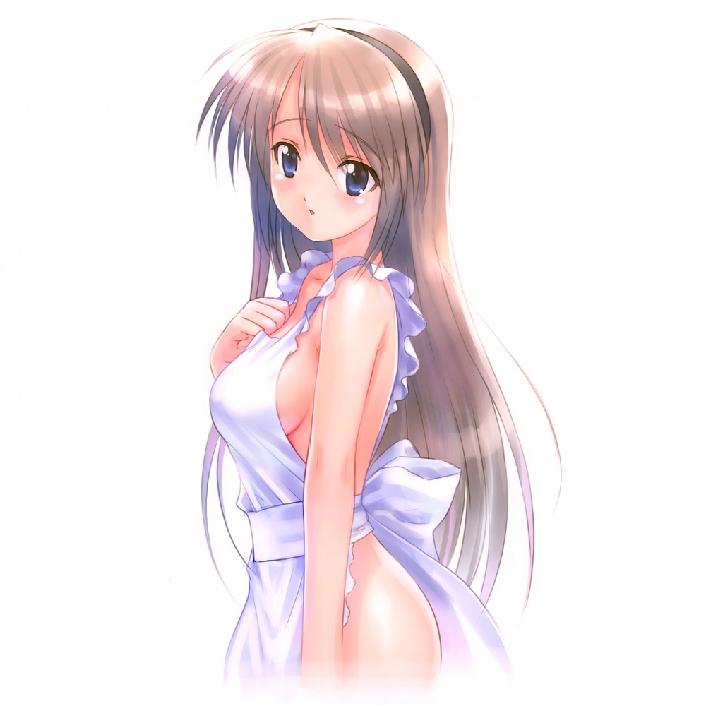 goto p, sakagami tomoyo, clannad, 00s, apron, breasts, long hair, naked apron, sideboob, simple background, solo