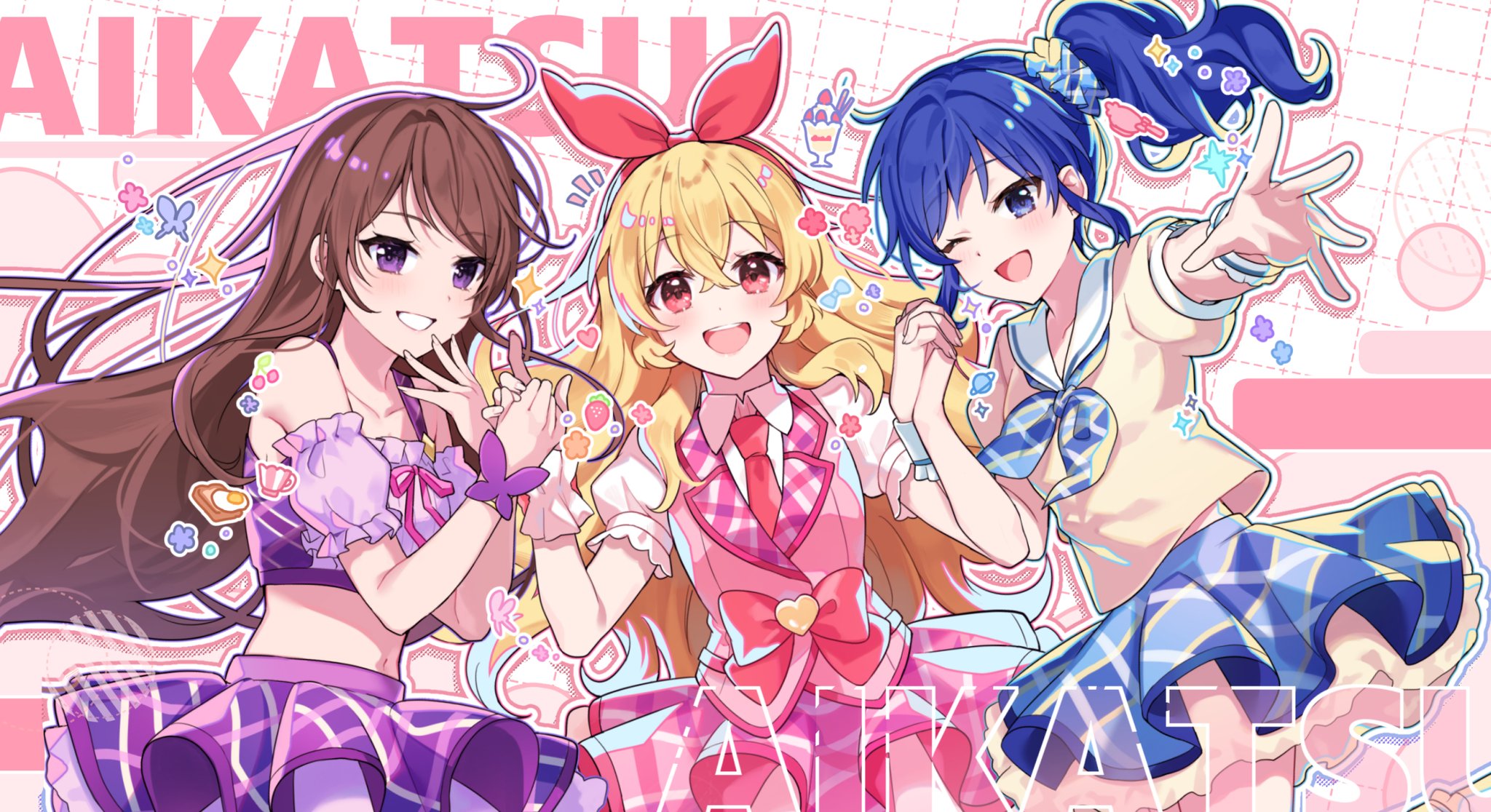jiu (jiwoo owo9), hoshimiya ichigo, kiriya aoi, shibuki ran, aikatsu!, aikatsu! (series), hashtag-only commentary, highres, 3girls, :d, bare shoulders, blonde hair, blue hair, blue neckerchief, blue scrunchie, blue skirt, bow, bow hairband, brown hair, collared shirt, copyright name, cowboy shot, cropped shirt, crossed bangs, detached sleeves, dot nose, frilled cuffs, frilled shirt, frilled sleeves, frills, grin, hair between eyes, hair bow, hair ornament, hair scrunchie, hairband, hands up, holding hands, idol, idol clothes, lapels, light blush, long hair, looking at viewer, midriff, midriff peek, miniskirt, multiple girls, navel, neckerchief, necktie, notched lapels, one eye closed, open mouth, outline, pink bow, pink vest, plaid clothes, plaid skirt, puffy short sleeves, puffy sleeves, purple eyes, purple shirt, purple skirt, purple sleeves, reaching, reaching towards viewer, red bow, red eyes, red hairband, red necktie, sailor collar, scrunchie, shirt, short sleeves, sidelocks, skirt, smile, standing, straight hair, teeth, upper teeth only, vest, white outline, white sailor collar, white wrist cuffs, wrist cuffs, yellow shirt