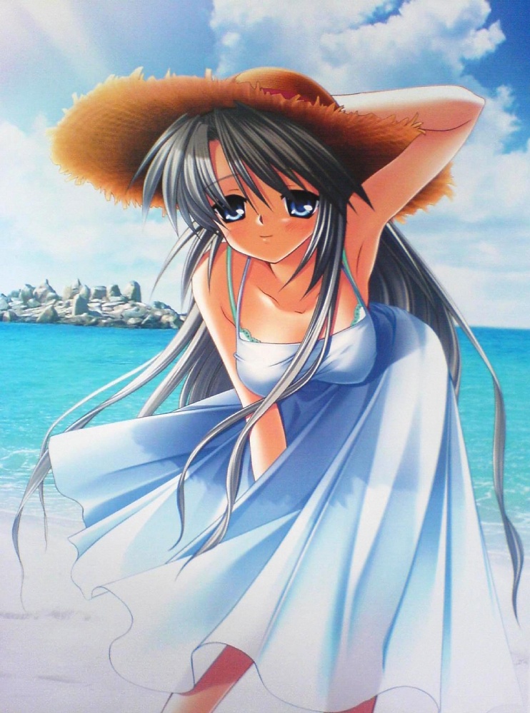 hinoue itaru, sakagami tomoyo, clannad, silver hair, jpeg artifacts, 00s, 1girl, armpits, beach, blue eyes, blush, bra, breasts, day, dress, female focus, hanging breasts, hat, large breasts, leaning forward, long hair, outdoors, see-through clothes, solo, straw hat, sundress, underwear