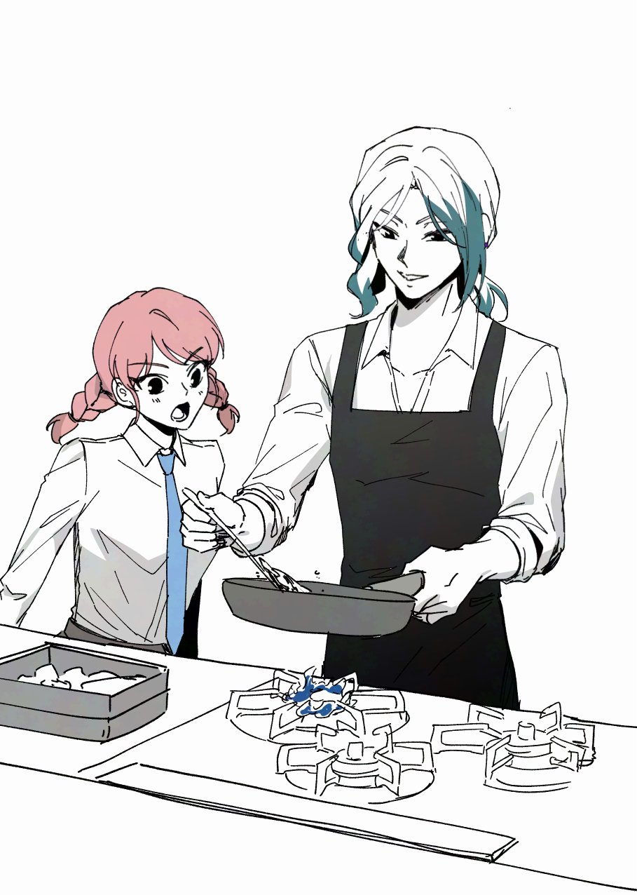 gouenji shuuya, gouenji yuuka, inazuma eleven (series), inazuma eleven go, commentary, highres, symbol-only commentary, 1boy, 1girl, apron, black apron, black eyes, blue streaks, braid, brother and sister, cooking, frying pan, gguck, multicolored hair, necktie, open mouth, pants, pink hair, shirt, siblings, smile, spot color, twin braids, white background, white pants, white shirt