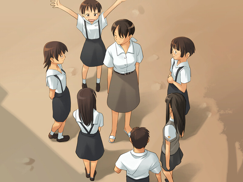 takamichi, homura yuuka, kaida masashi, matsukura ai, matsukura asuna, senou eriko, yaguruma fumino, yoshino amane, hate shinaku aoi kono sora no shita de…., 6+girls, black hair, female focus, glasses, multiple girls, school uniform, shirt, smile, white shirt