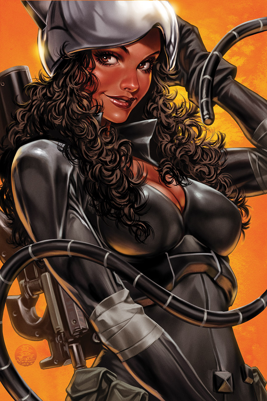 mark brooks, catwoman, selina kyle, absolute batman, absolute dc, dc comics, highres, 1girl, bandaged arm, bandages, black bodysuit, black gloves, bodysuit, breasts, brown eyes, brown hair, cleavage, curly hair, dark-skinned female, dark skin, gloves, gun, helmet, lips, long hair, looking at viewer, medium breasts, orange background, parted lips, popped collar, smile, solo, upper body, weapon, whip