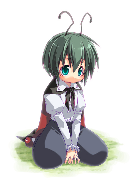 onemu, wriggle nightbug, touhou, bad id, bad pixiv id, 1girl, antennae, cape, female focus, full body, green eyes, green hair, matching hair/eyes, short hair, solo, white background