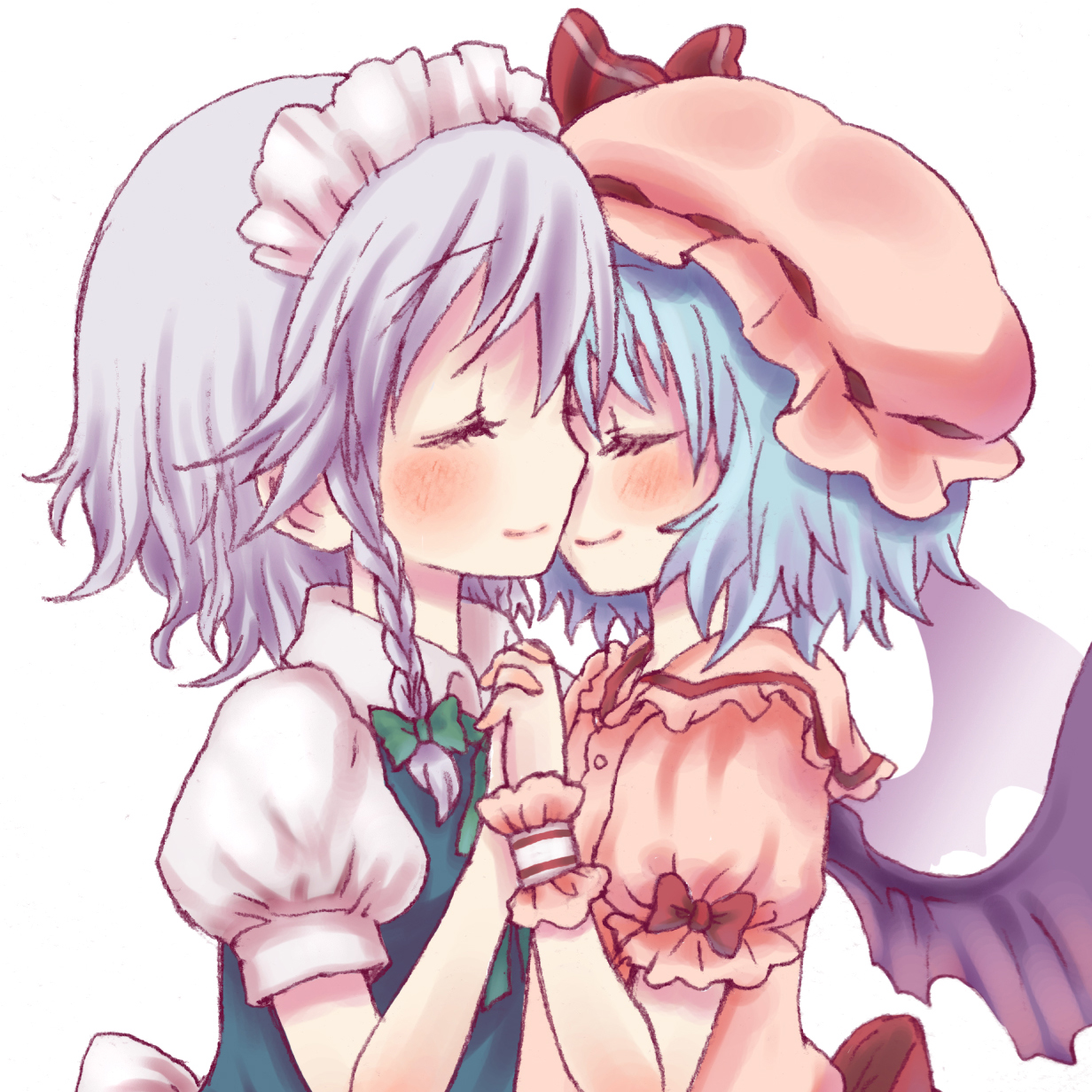 rias-shiki kawaii, izayoi sakuya, remilia scarlet, touhou, bad id, bad pixiv id, highres, 2girls, blush, braid, female focus, holding hands, multiple girls, yuri