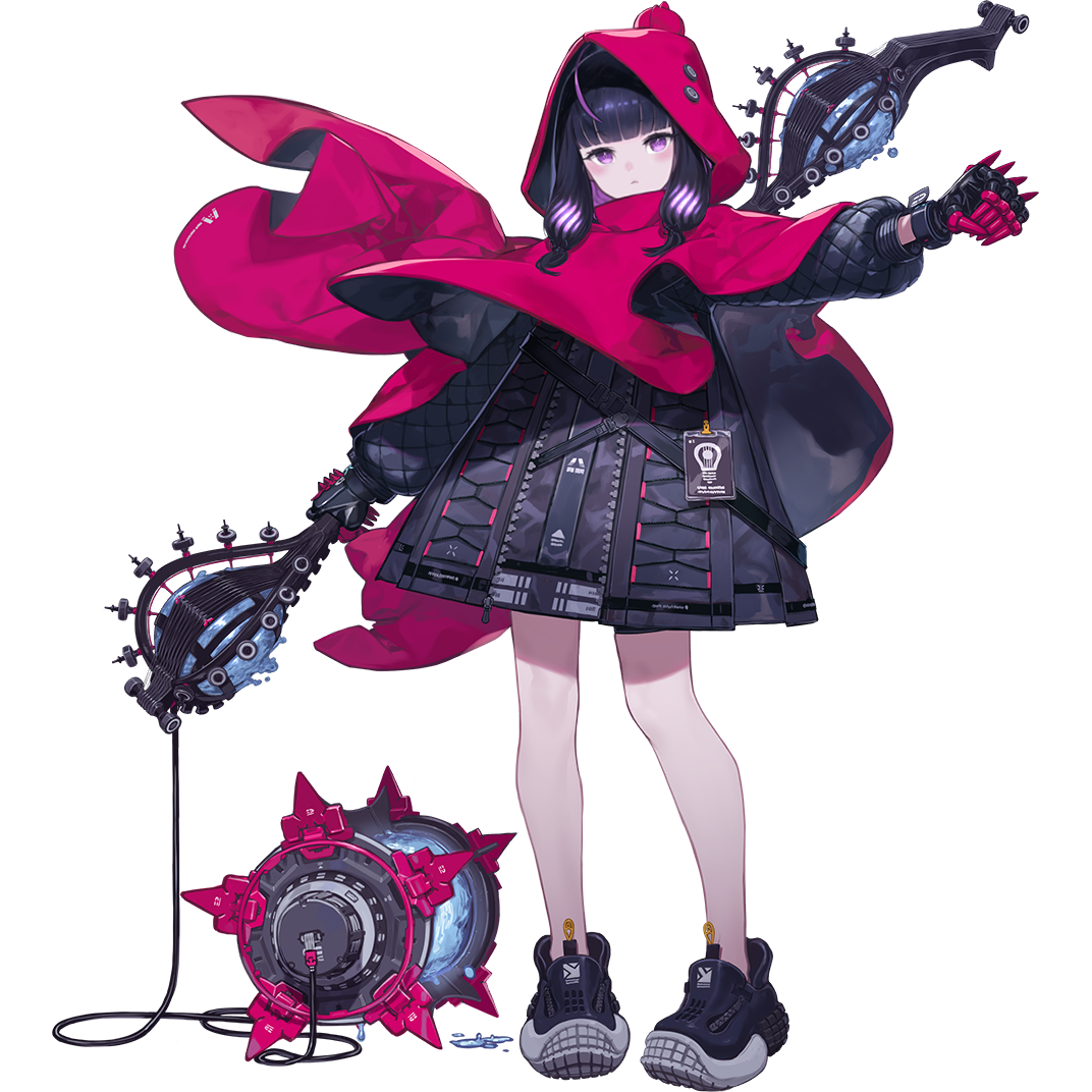 kuroboshi kouhaku, arknights, official art, third-party source, 1girl, ball and chain (weapon), bare legs, belt, black belt, black gloves, black hair, black jacket, blunt bangs, blush, cloak, closed mouth, expressionless, fish girl, floating cape, full body, gloves, holding, holding staff, holding weapon, hood, hood up, jacket, legs apart, looking at viewer, low-tied sidelocks, multicolored hair, nishikiori sarasa (arknights), outstretched arm, purple eyes, purple hair, red cloak, red hood, shoes, sidelocks, simple background, sneakers, solo, staff, standing, streaked hair, tachi-e, transparent background, two-sided cloak, two-sided fabric, weapon