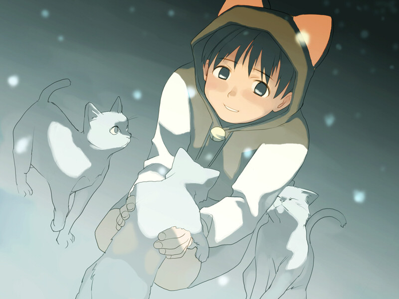 takamichi, matsukura ai, hate shinaku aoi kono sora no shita de…., 1girl, animal ears, animal hood, bell, black hair, cat, cat ears, cat hood, female focus, hood, kneeling, looking up, muted color, short hair, smile, snow, snowflakes, solo