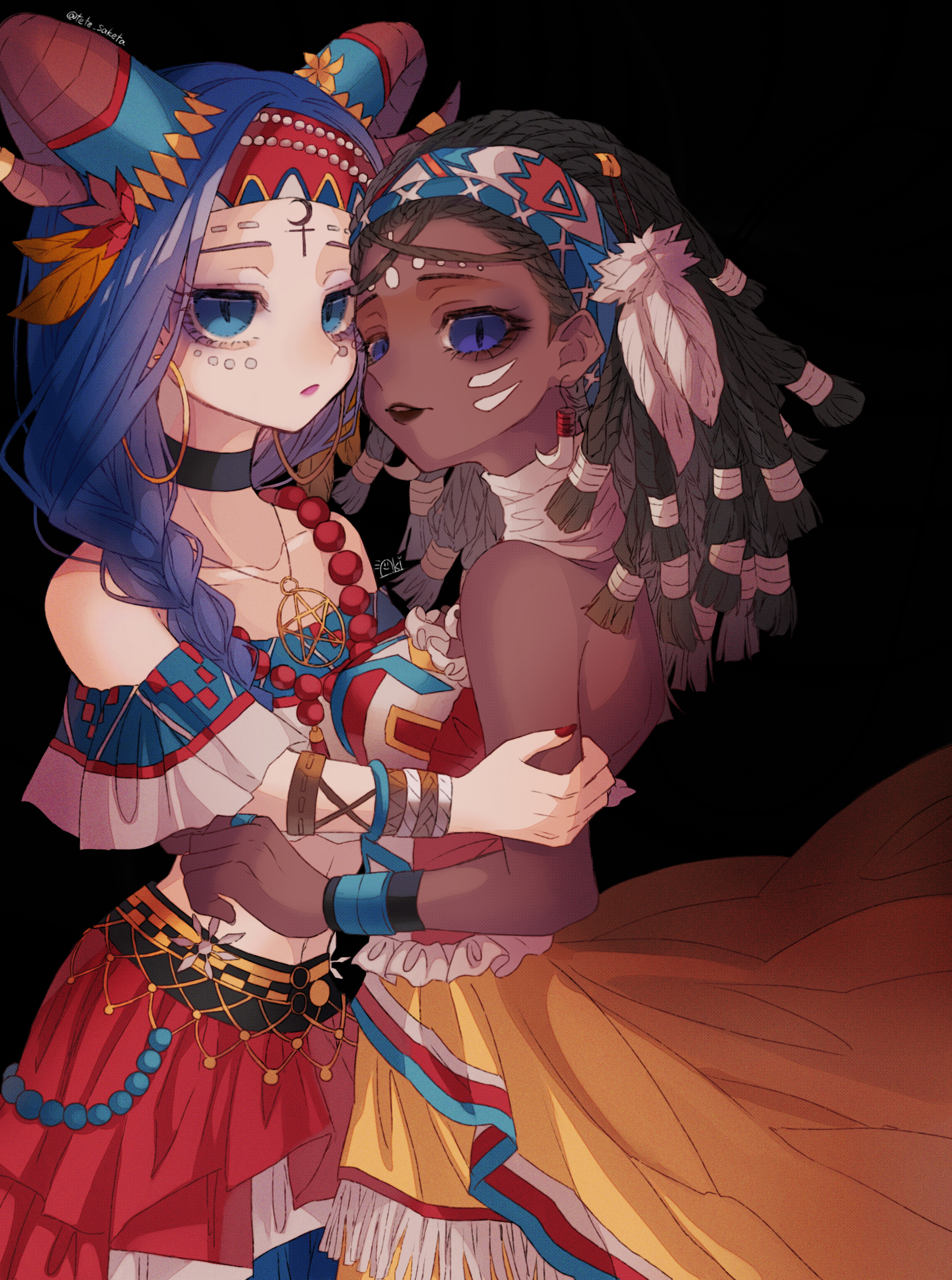 hanabata0320, fiona gilman, patricia dorval, identity v, absurdres, highres, 2girls, alternate costume, bare back, bare shoulders, bead necklace, beads, black background, black choker, blue eyes, blue hair, blue skirt, box braids, braid, brown hair, brown lips, choker, corset, cowboy shot, crop top, dark-skinned female, dark skin, earrings, eyeshadow, facial mark, feather hair ornament, feathers, fiona gilman (misfortune), floating clothes, flower, frilled corset, frills, frown, goat horns, hair flower, hair ornament, hairband, hand on another's arm, hoop earrings, horns, jewelry, looking at viewer, lower eyelashes only, makeup, multicolored corset, multicolored skirt, multiple girls, navel, necklace, official alternate costume, pentagram necklace, pink lips, print hairband, purple eyeshadow, raised inner eyebrows, red nails, red skirt, ring, side braid, single braid, skirt, tooth earrings, twitter username, white skirt, wristband, yellow skirt