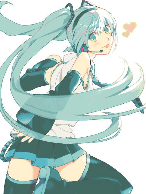 mitsugo, hatsune miku, vocaloid, bad id, bad pixiv id, 1girl, :p, aqua eyes, aqua hair, boots, detached sleeves, female focus, headset, long hair, solo, tegaki, thigh boots, thighhighs, tongue, tongue out, twintails, zettai ryouiki
