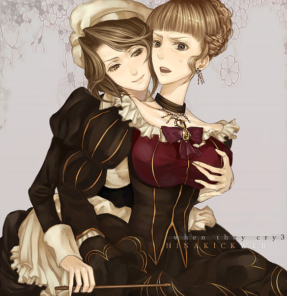 furayu (flayu), numeri (pixiv), beatrice (umineko), shannon (umineko), umineko no naku koro ni, 00s, 2girls, blonde hair, breasts, brown hair, choker, colored eyelashes, dress, grabbing another's breast, groping, hat, maid, multiple girls, ribbon, yuri