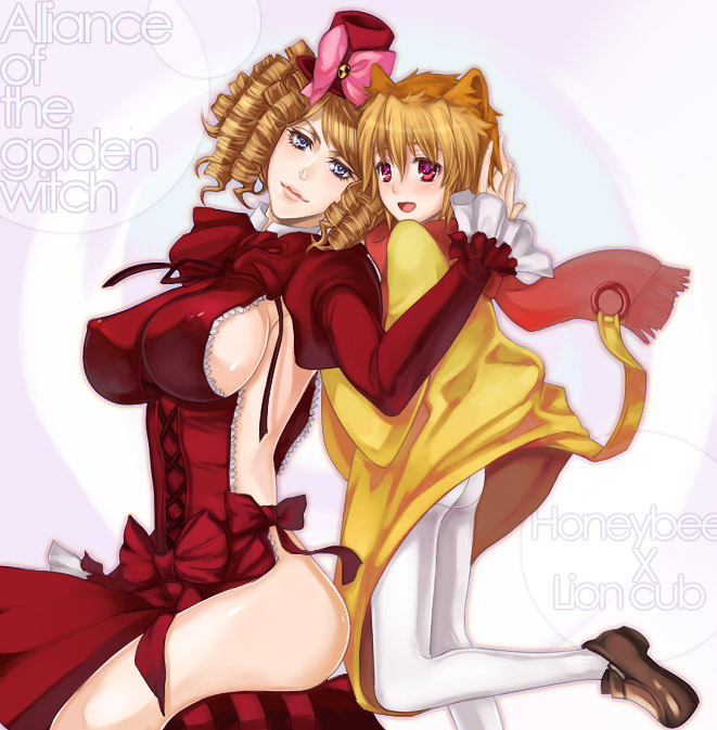 furayu (flayu), numeri (pixiv), gaap (umineko), sakutarou (umineko), umineko no naku koro ni, 00s, 1boy, 1girl, animal ears, ass, blonde hair, blue eyes, bow, breasts, cat ears, covered erect nipples, drill hair, hat, large breasts, mini hat, mini top hat, no bra, no panties, pantyhose, pink bow, red eyes, ribbon, scarf, sideboob, thighs, top hat, white pantyhose