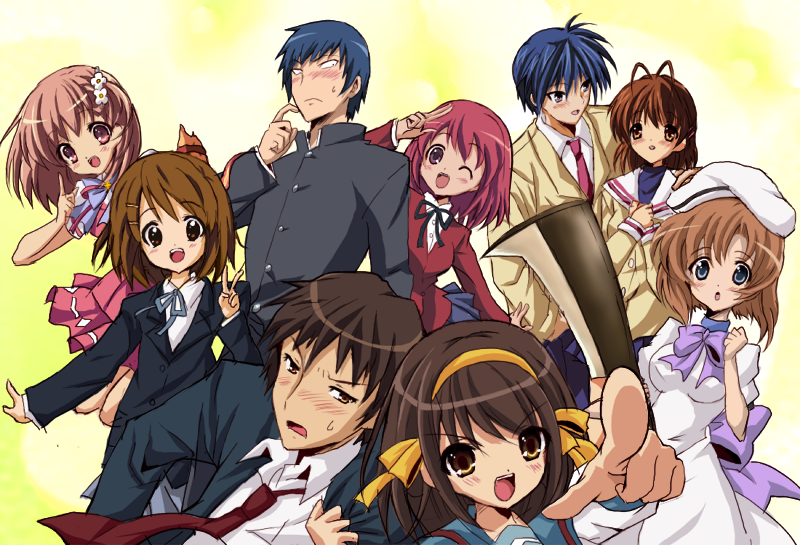 satou kuron, satou kuroon, furukawa nagisa, hirasawa yui, inaba yui, kushieda minori, kyon, okazaki tomoya, ryuuguu rena, suzumiya haruhi, takasu ryuuji, clannad, flyable heart, higurashi no naku koro ni, k-on!, suzumiya haruhi no yuuutsu, toradora!, bad id, bad pixiv id, 00s, 3boys, 6+girls, billhook, crossover, everyone, hashitsuki nata, hatchet, multiple boys, multiple girls, nata (tool), school uniform, serafuku, short hair