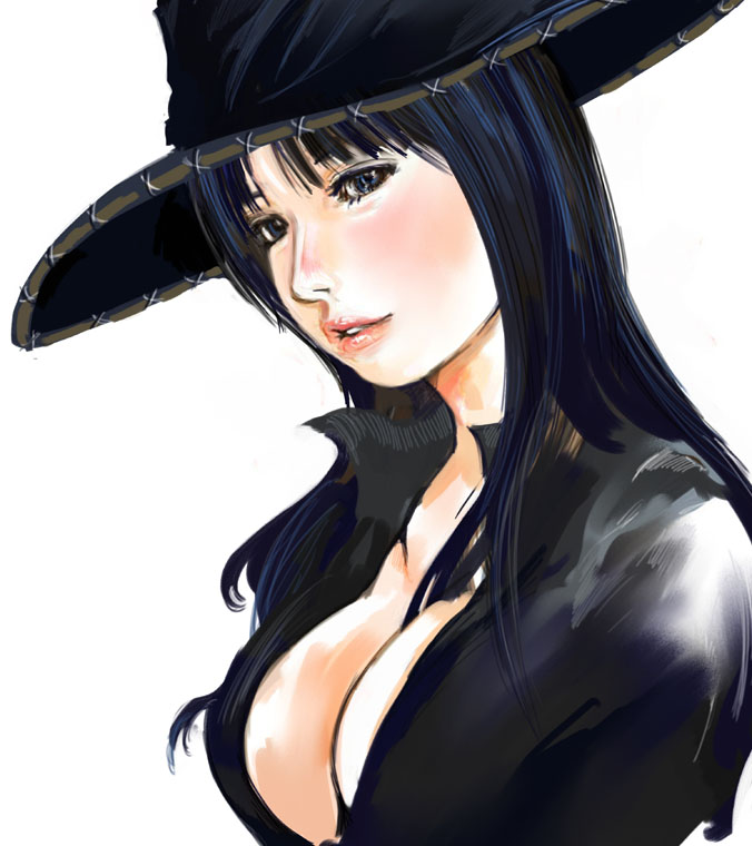 kazaana, nico robin, one piece, 1girl, blue eyes, blue hair, breasts, cleavage, coat, female focus, hat, jaya, large breasts, long hair, looking at viewer, matching hair/eyes, realistic, simple background, solo, white background