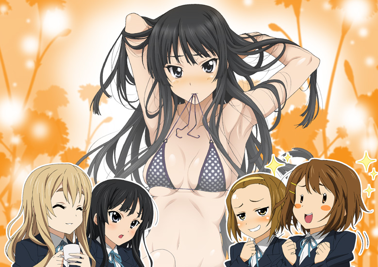 isse, akiyama mio, hirasawa yui, kotobuki tsumugi, tainaka ritsu, k-on!, 00s, 4girls, armpits, bikini, black eyes, black hair, ho-kago tea time, imagining, long hair, mouth hold, multiple girls, polka dot, polka dot bikini, polka dot swimsuit, school uniform, swimsuit