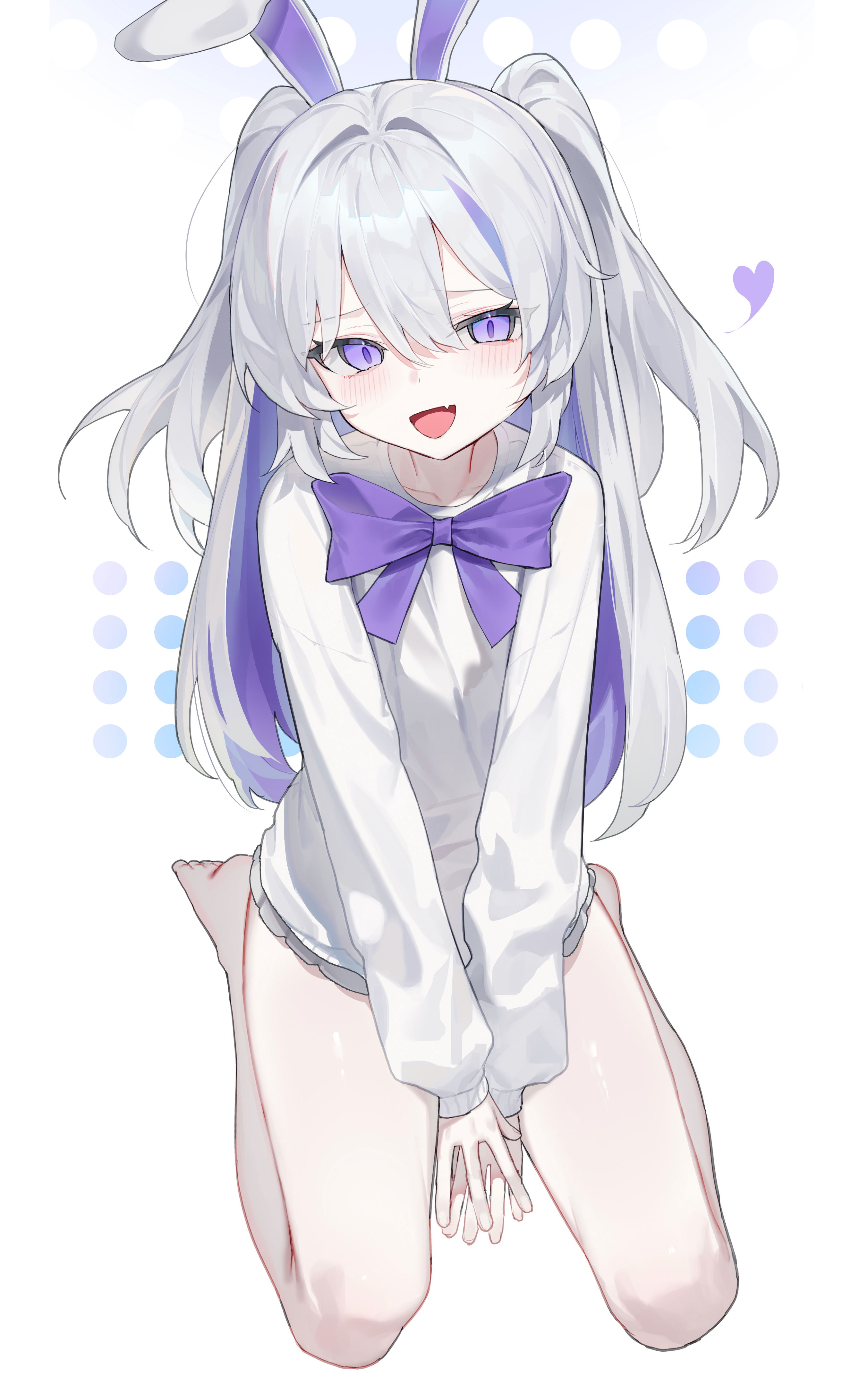 huu (dighapdlxm12), original, absurdres, commentary, english commentary, engrish commentary, highres, 1girl, animal ears, barefoot, between legs, blush, bow, double-parted bangs, fake animal ears, fang, full body, grey skirt, hair between eyes, hand between legs, heart, legs, long hair, long sleeves, looking at viewer, microskirt, open mouth, pleated skirt, purple bow, purple eyes, rabbit ears, raised inner eyebrows, seiza, shirt, shirt bow, sitting, skin fang, skirt, smile, solo, straight-on, two side up, white background, white hair, white shirt