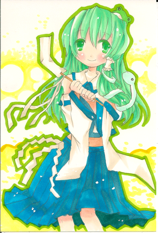 emo (artist), kochiya sanae, touhou, bad id, bad pixiv id, 1girl, female focus, hair tubes, single hair tube, solo, standing