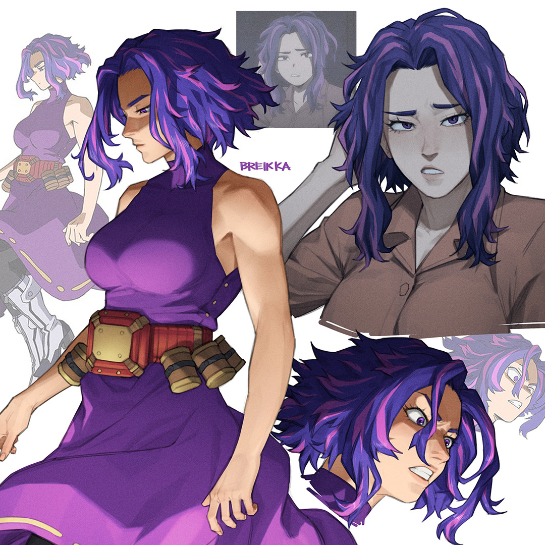 breikka, lady nagant, boku no hero academia, commentary, derivative work, english commentary, screenshot redraw, 1girl, artist name, belt, dress, jumpsuit, multiple views, orange jumpsuit, pink streaks, purple dress, purple eyes, purple hair, red belt, short hair, sleeveless, sleeveless dress, white background